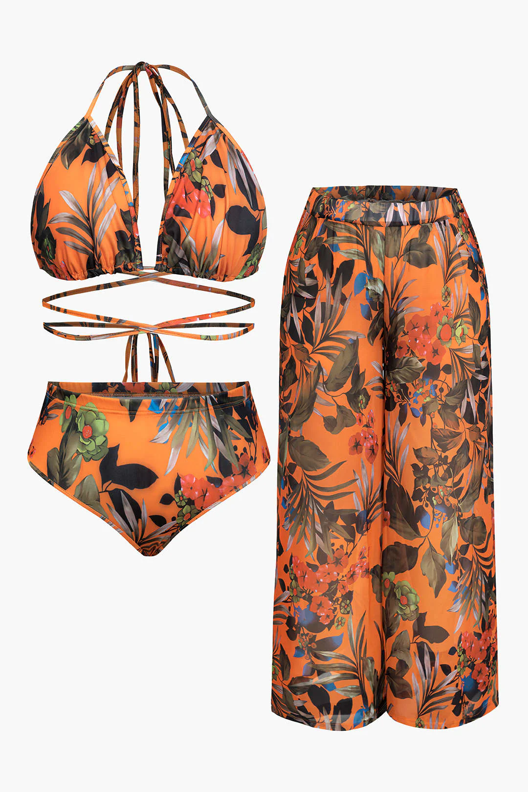 Plus Size Floral Print Bikini And Wide Leg Pants Set - Weenar