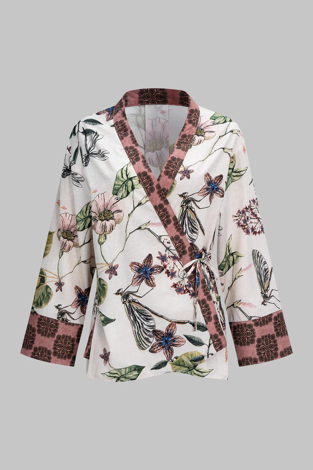 Floral Print V-Neck Tie-Up Long Sleeve Top - Weenar