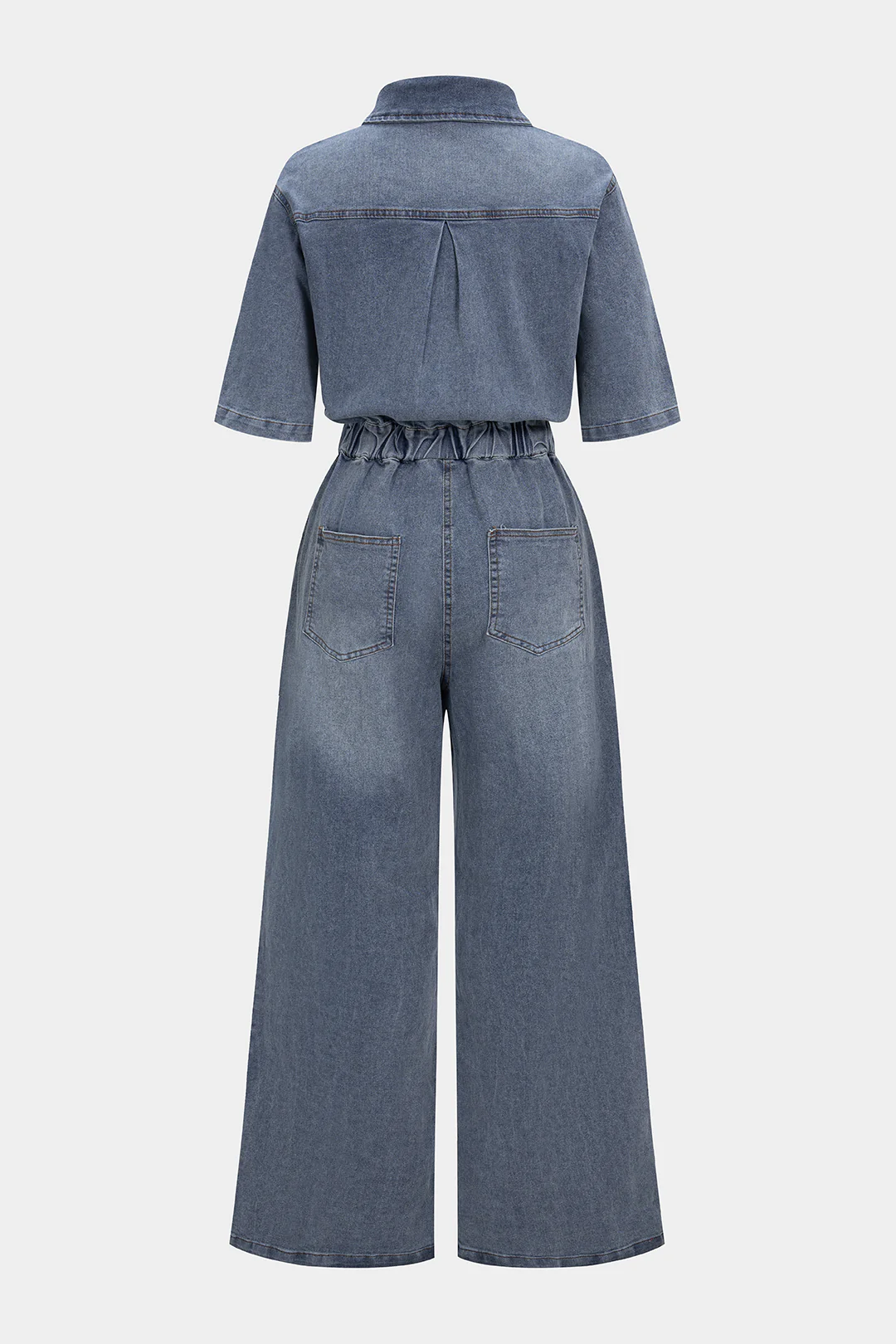 Denim Button Drawstring Pocket Short-Sleeve Jumpsuit - Weenar