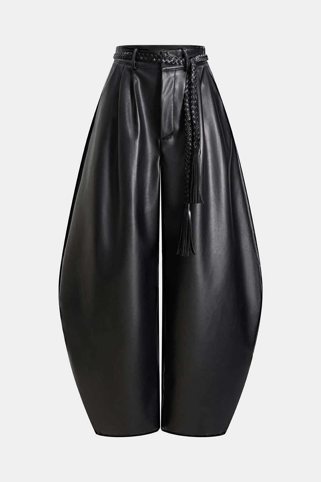 Faux Leather Braided Belted High Waist Barrel Trousers - Weenar