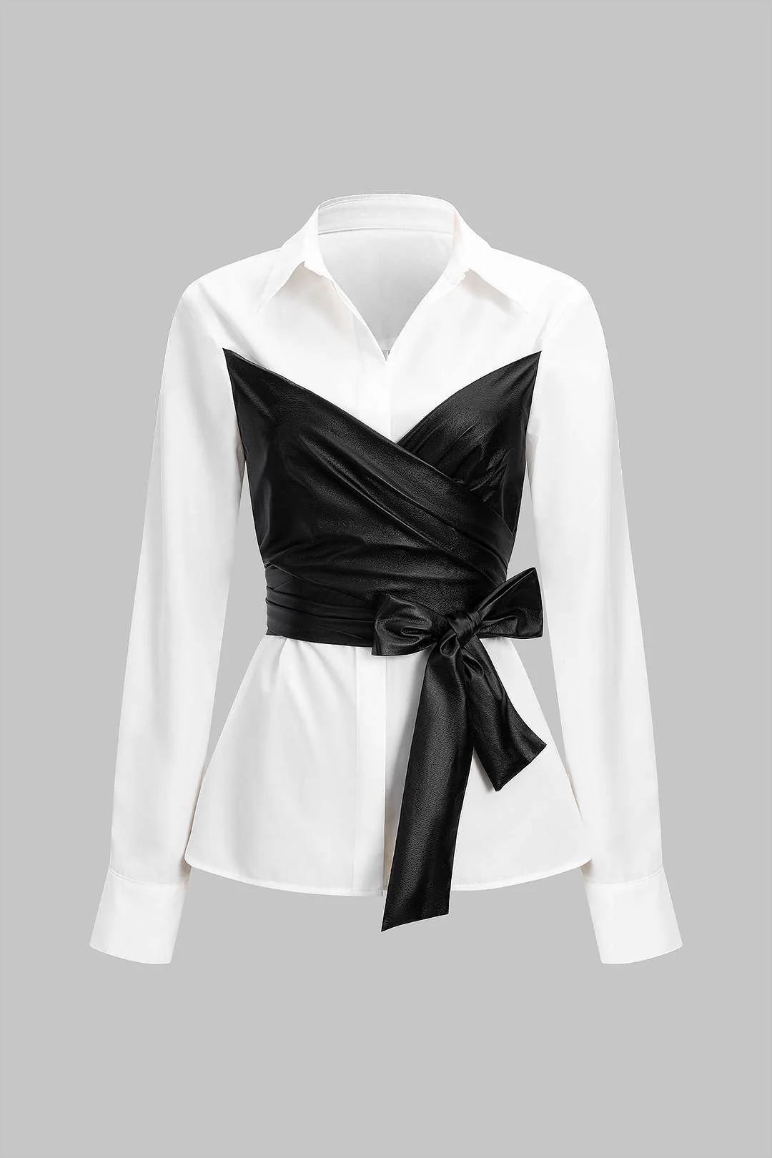 Faux Leather Patchwork Tie-Back Long-Sleeve Shirt - Weenar