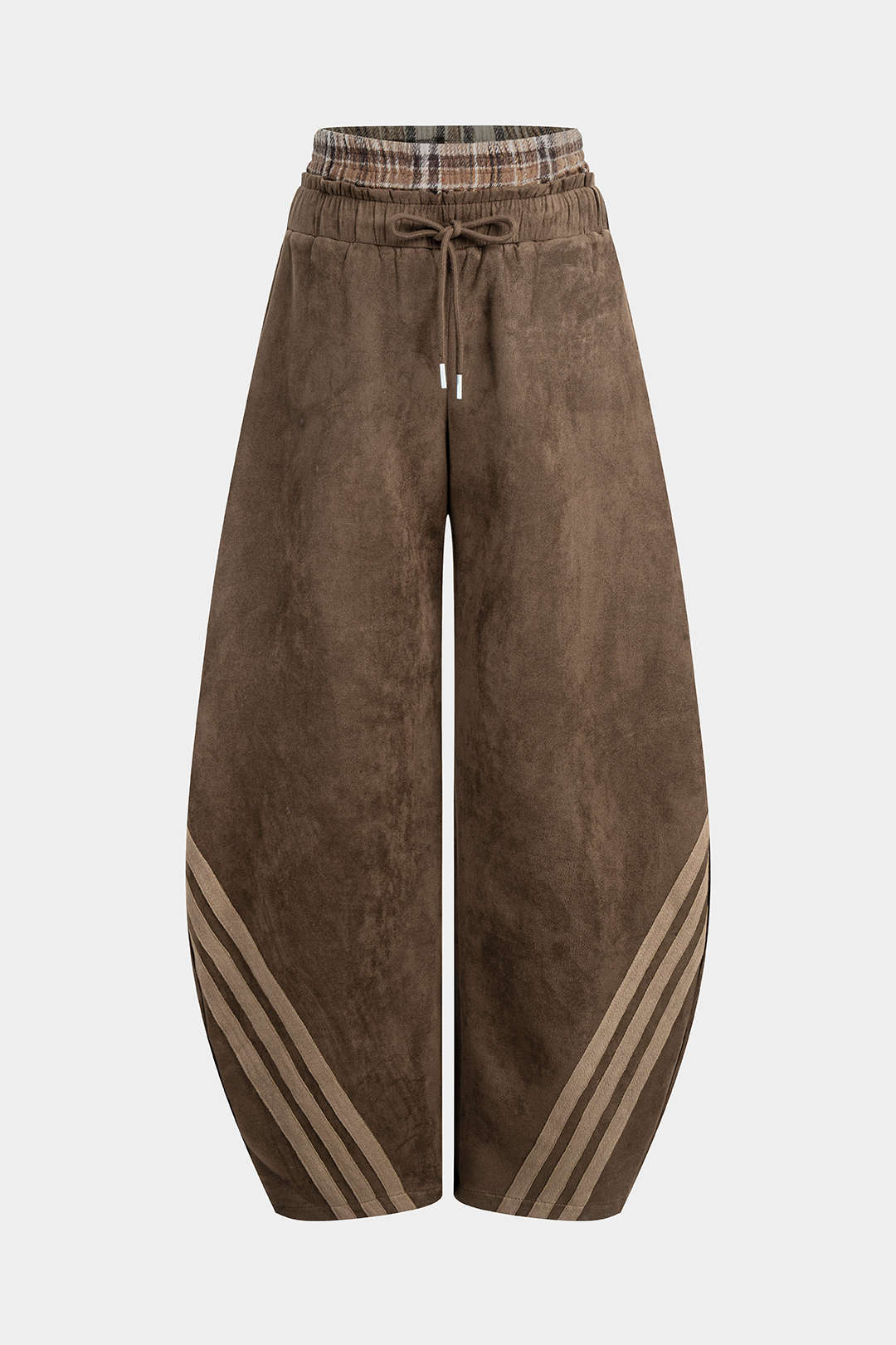 Plaid Print Suede Double Waistband Patchwork Drawstring Pants - Weenar
