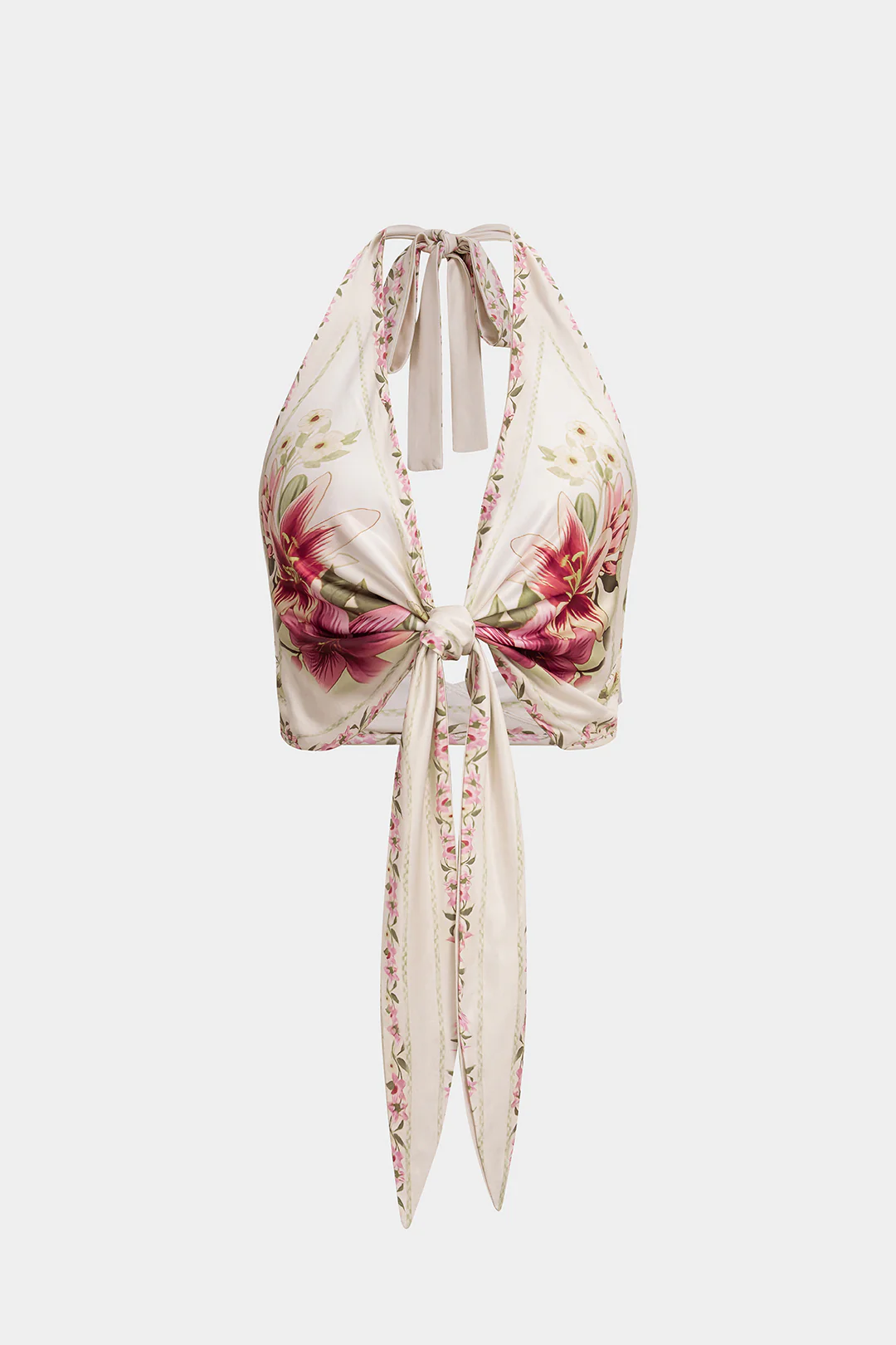 Floral Print Satin Halter Tie-Up Backless Sleeveless Cropped Top - Weenar