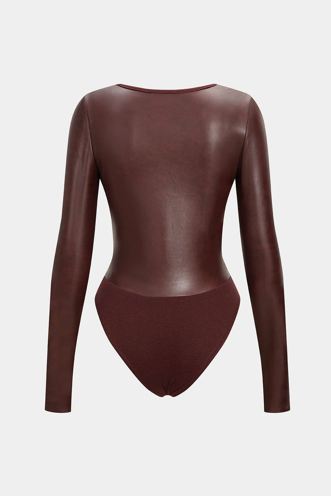 Faux Leather Patchwork Round Neck Long Sleeve Bodysuit - Weenar