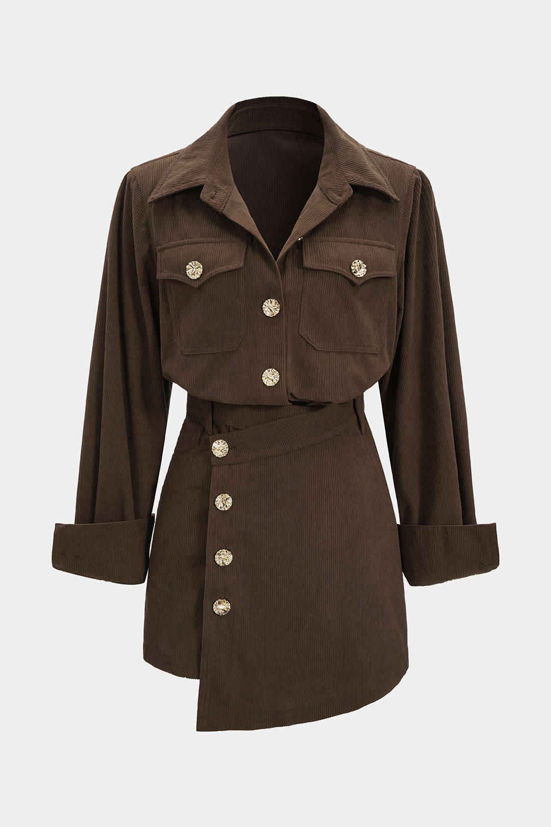 Corduroy Button Long-Sleeve Shirt And Button Skirt Set - Weenar