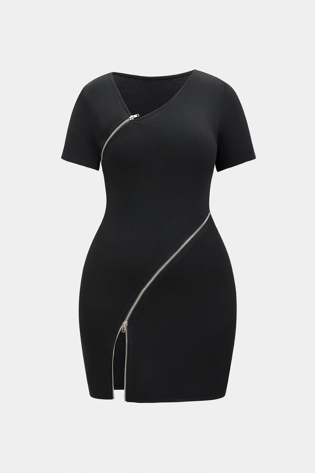 Plus Size Asymmetrical Zipper Short Sleeve Mini Dress - Weenar