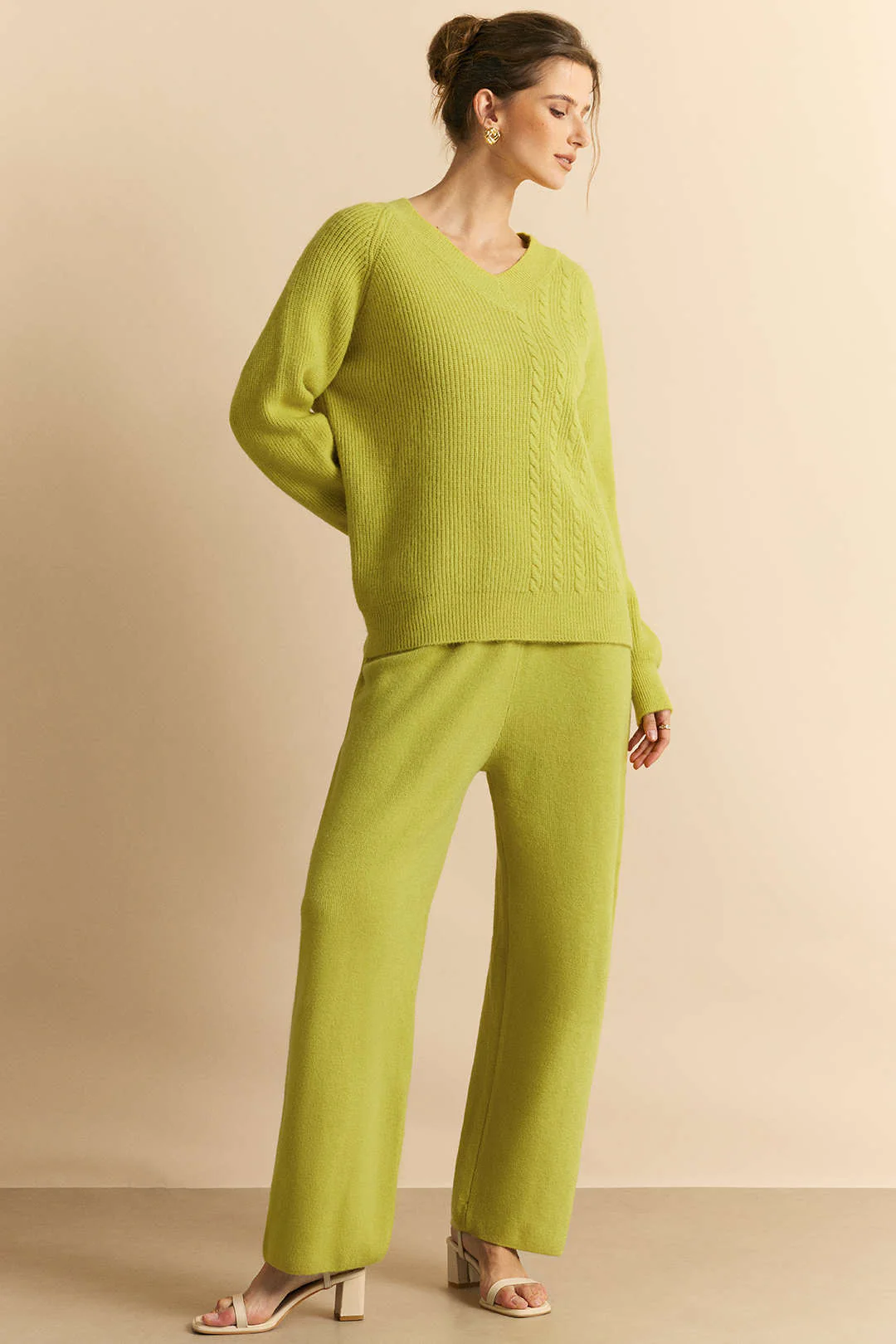 Cable Knit V-Neck Long-Sleeve Top And Wide Leg Pants Set - Weenar