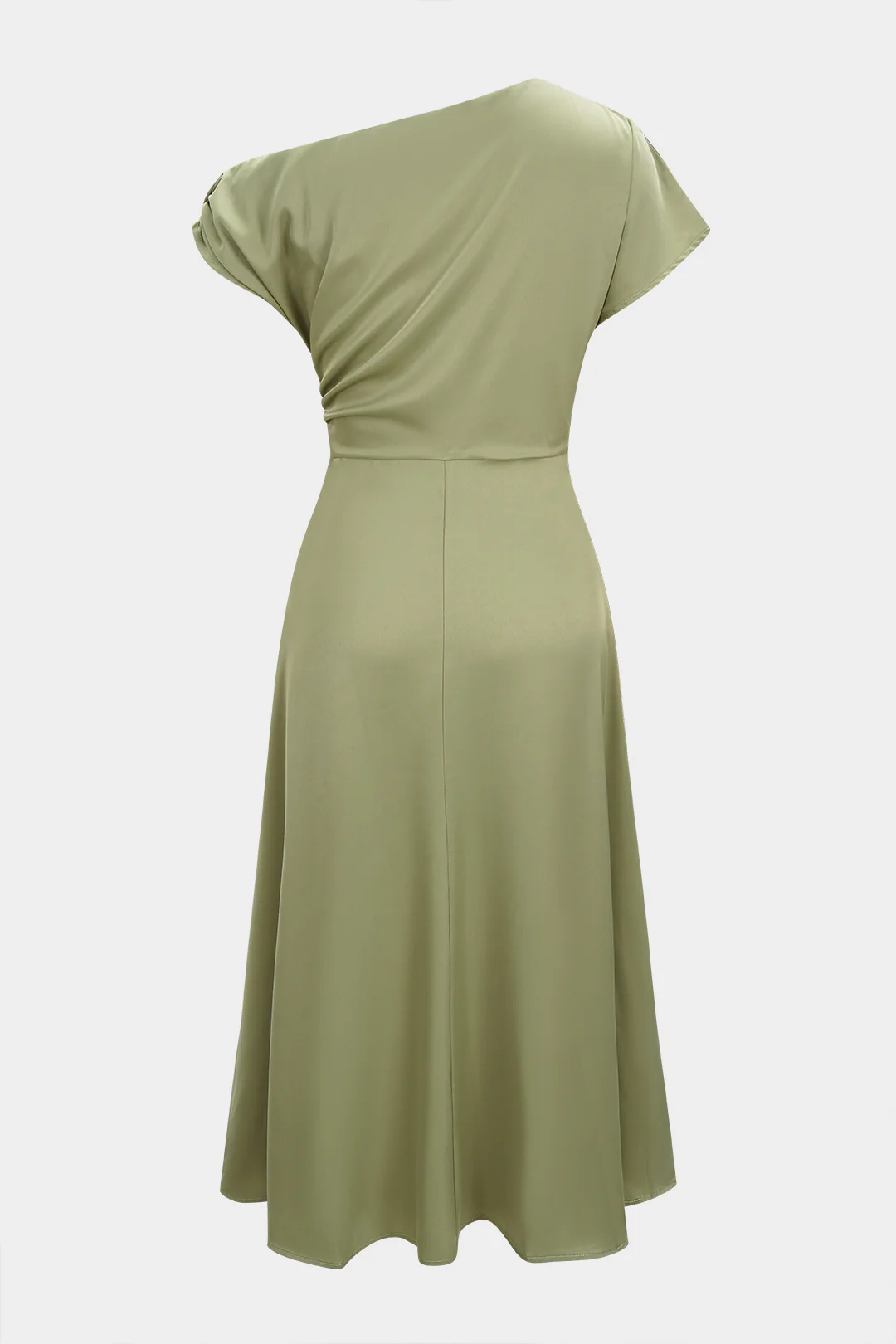 Satin One Shoulder Ruched Short Sleeve Midi Dress - Weenar