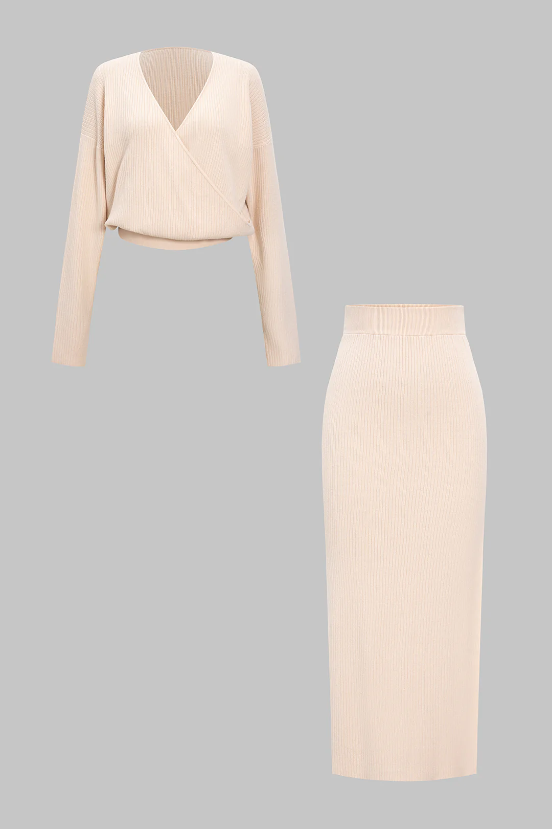Knit Cross V-Neck Long Sleeve Top And Skirt Set - Weenar