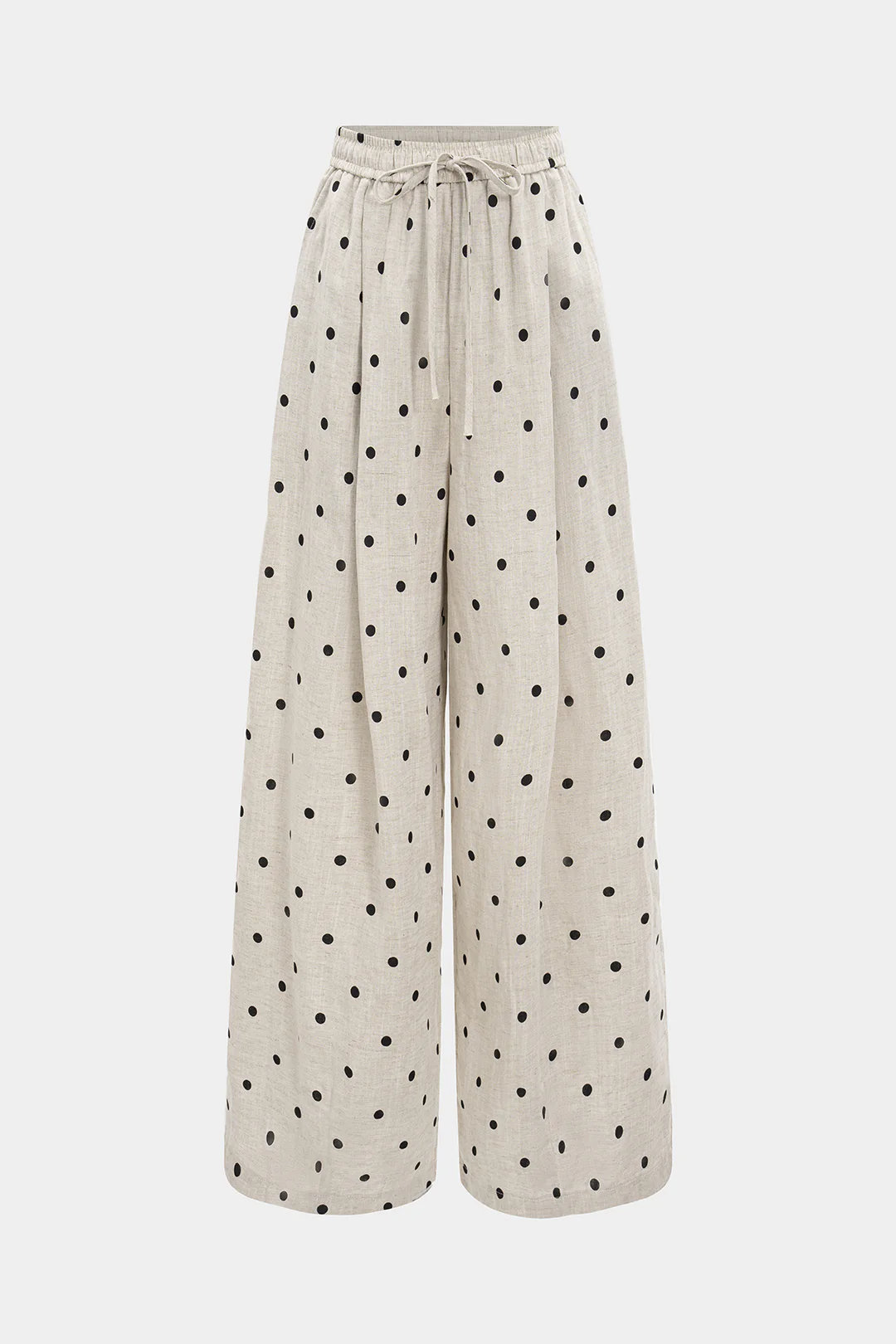 Polka Dots Print Linen Drawstring Wide Leg Trousers - Weenar