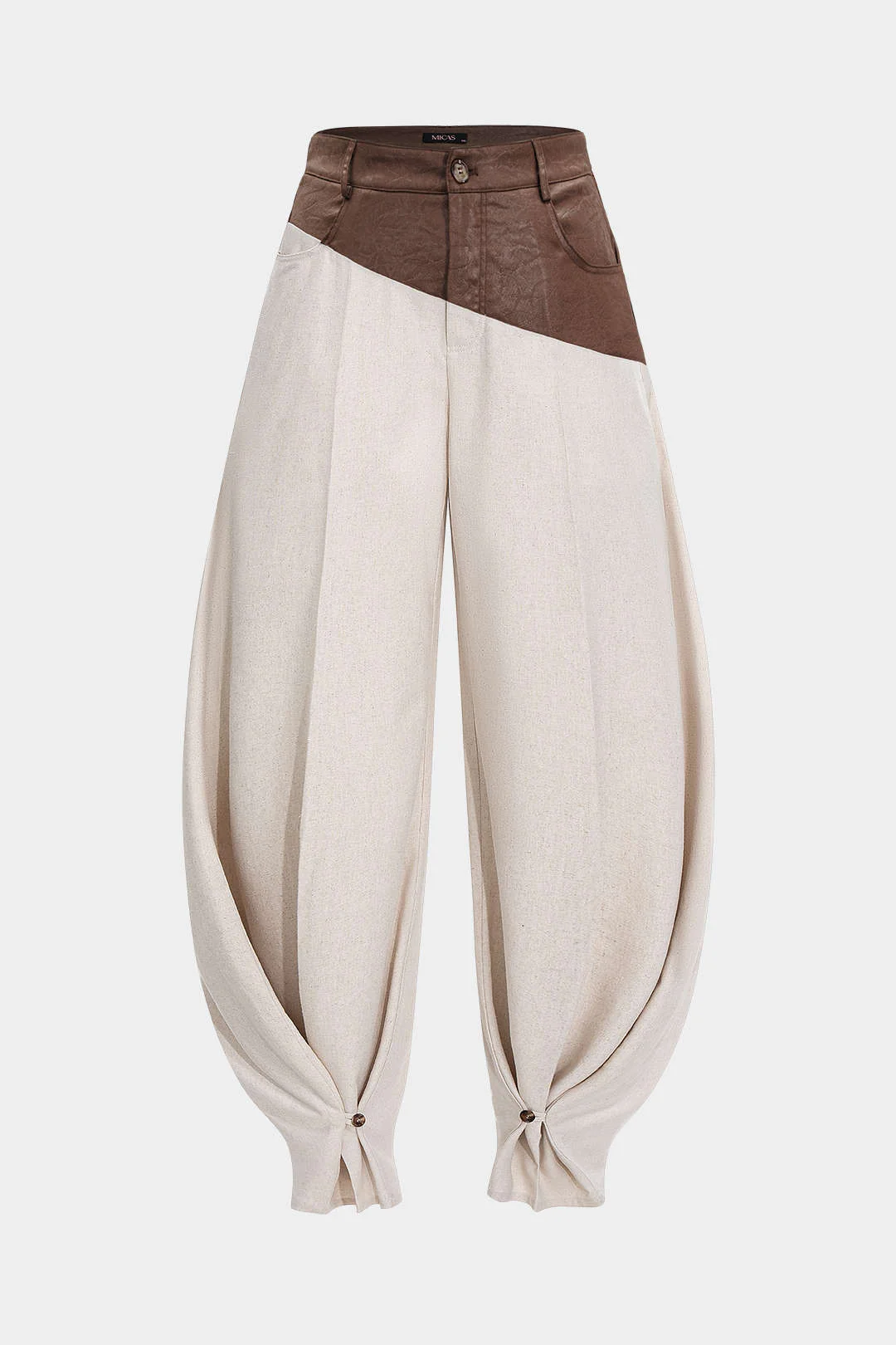 Faux Leather Ruched Patchwork Barrel Trousers - Weenar