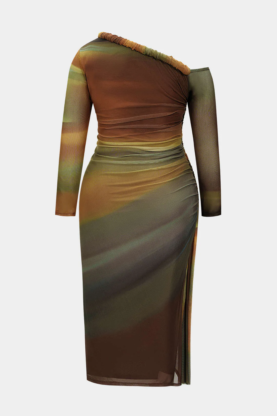 Plus Size Colorblock Print Mesh Ruched Asymmetrical Long Sleeve Midi Dress - Weenar