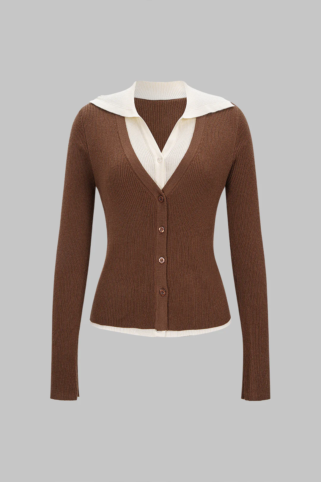 Knit V-Neck Contrast Button Long-Sleeve Top - Weenar