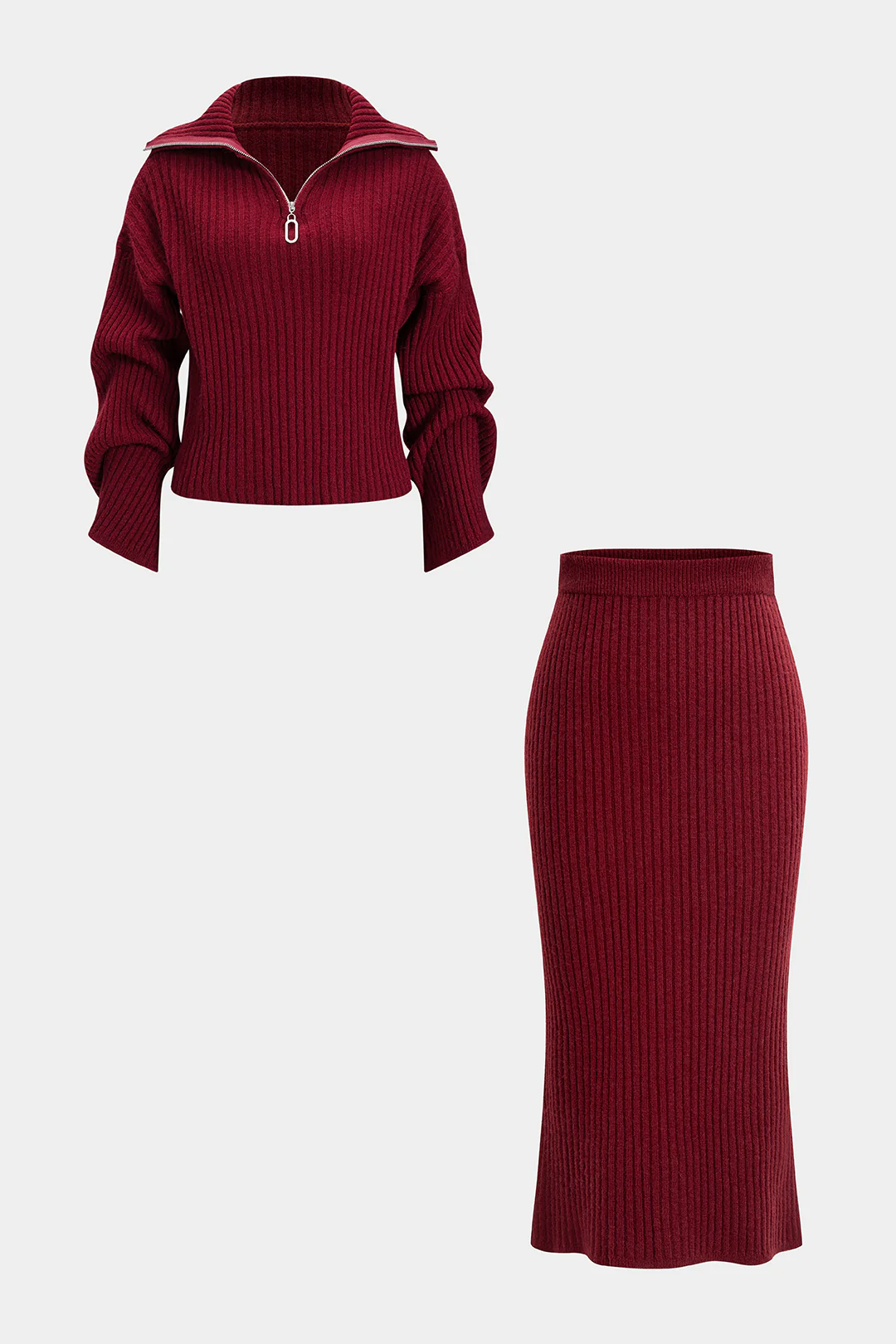 Knit Ribbed Zipper Collar Long-Sleeve Top And Skirt Set - Weenar