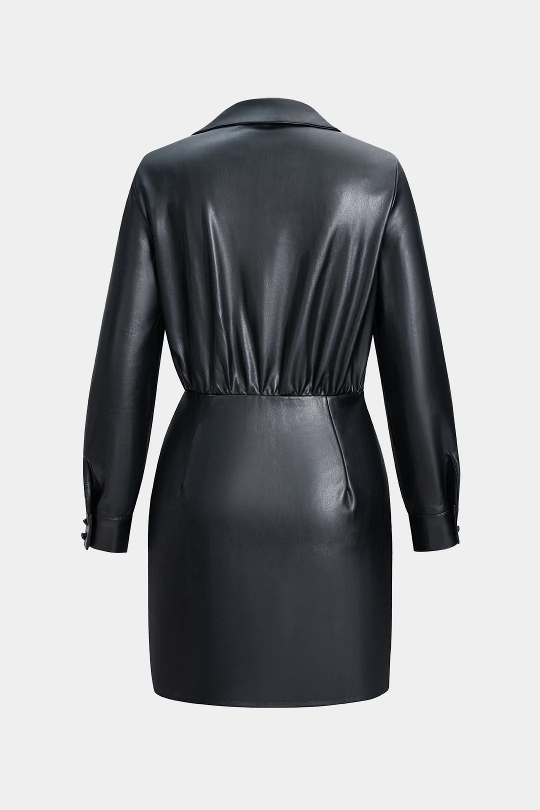 Faux Leather V-Neck Ruched Long Sleeve Mini Dress - Weenar
