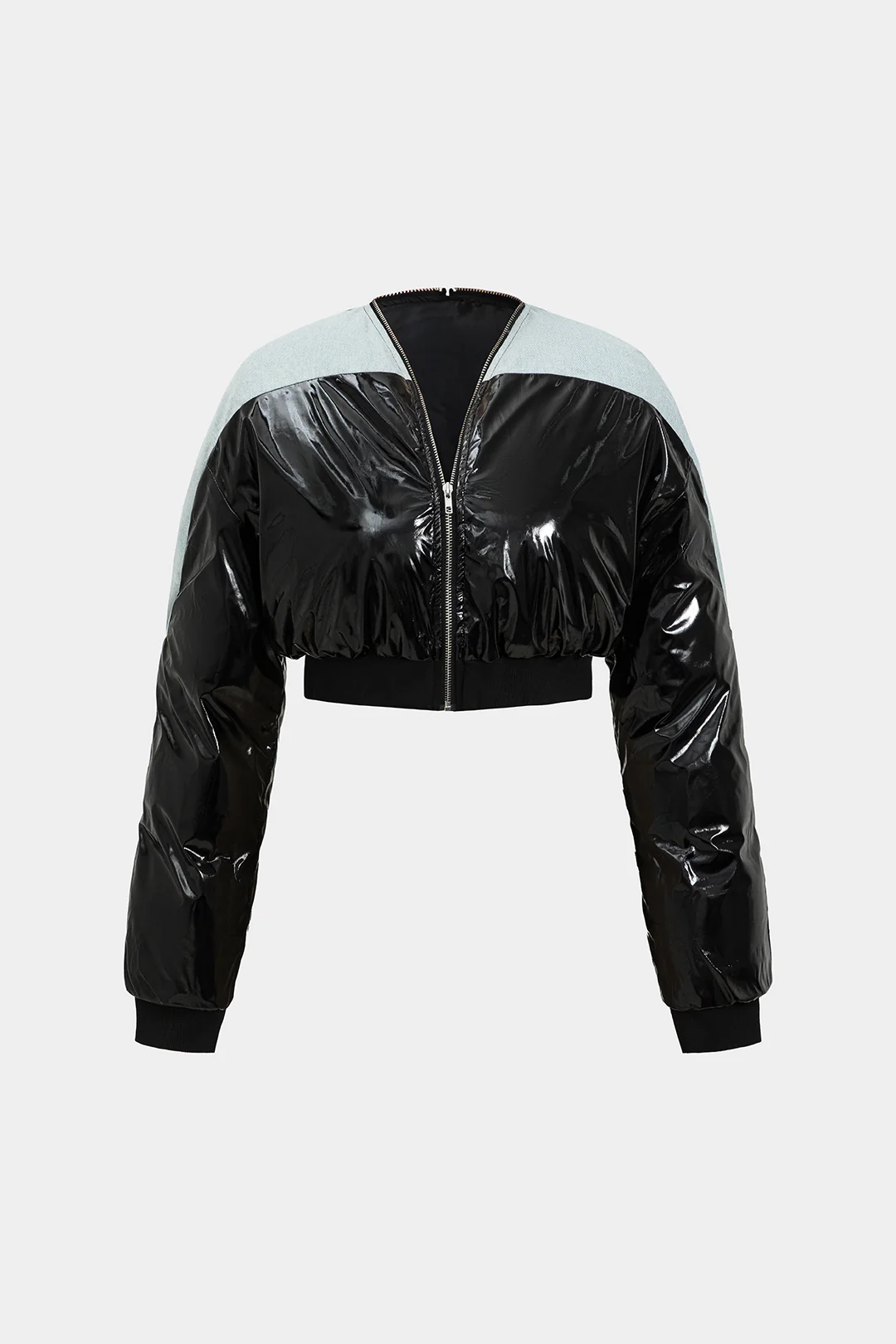 Denim Faux Leather Ruched Zipper Patchwork Padded Long Sleeve Jacket - Weenar