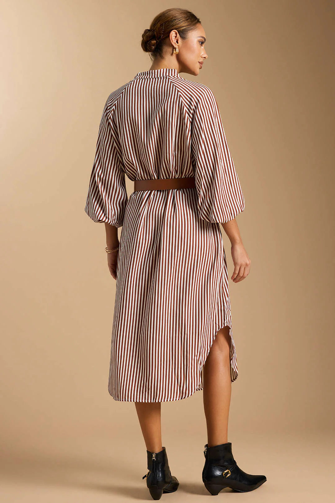 Stripes Print V-Neck Belted Long Sleeve Midi Dress - Weenar