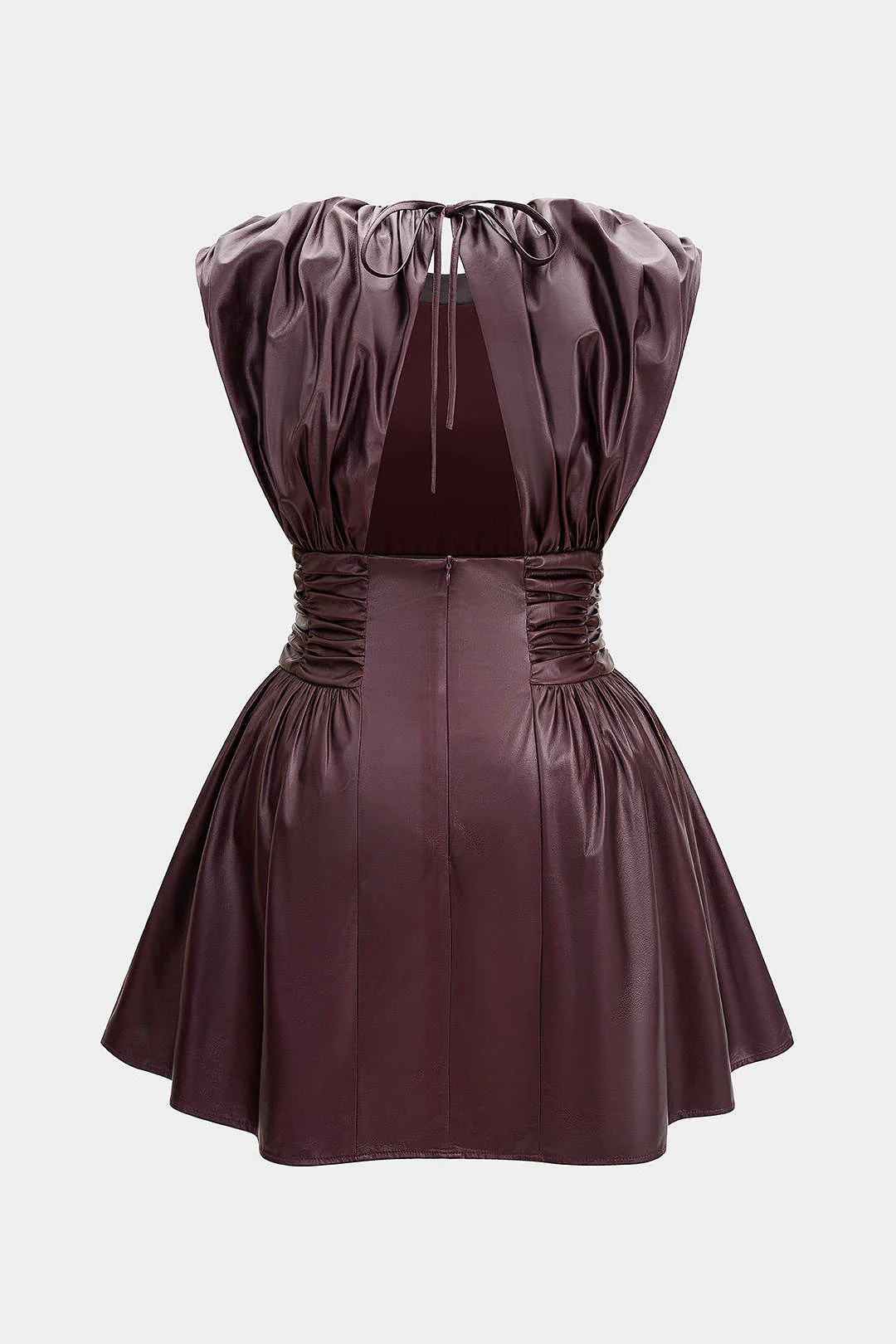 Plus Size Faux Leather Tie Back Backless Ruched Sleeveless Mini Dress - Weenar