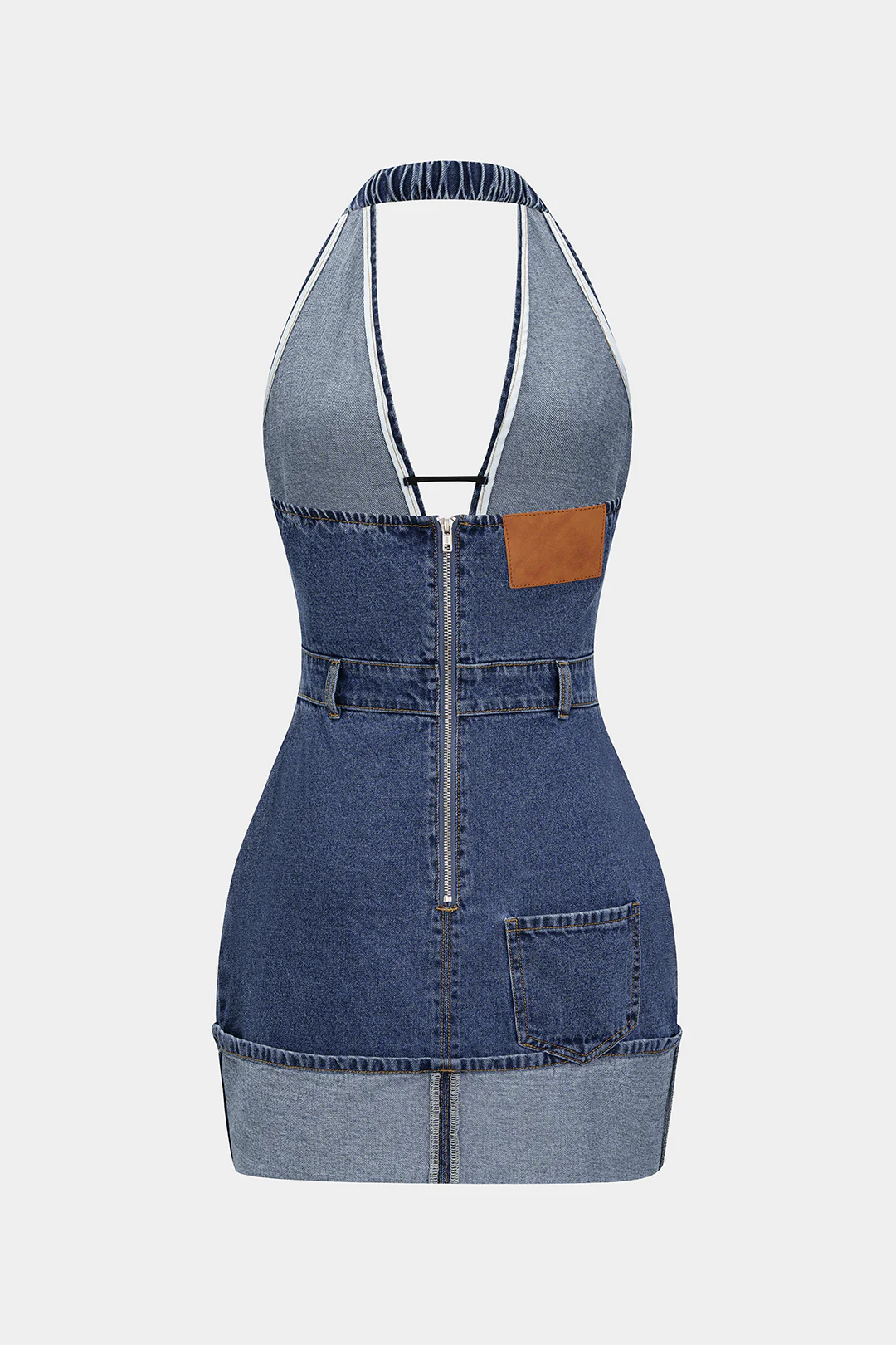Denim Backless Washed Zipper Halter Mini Dress - Weenar