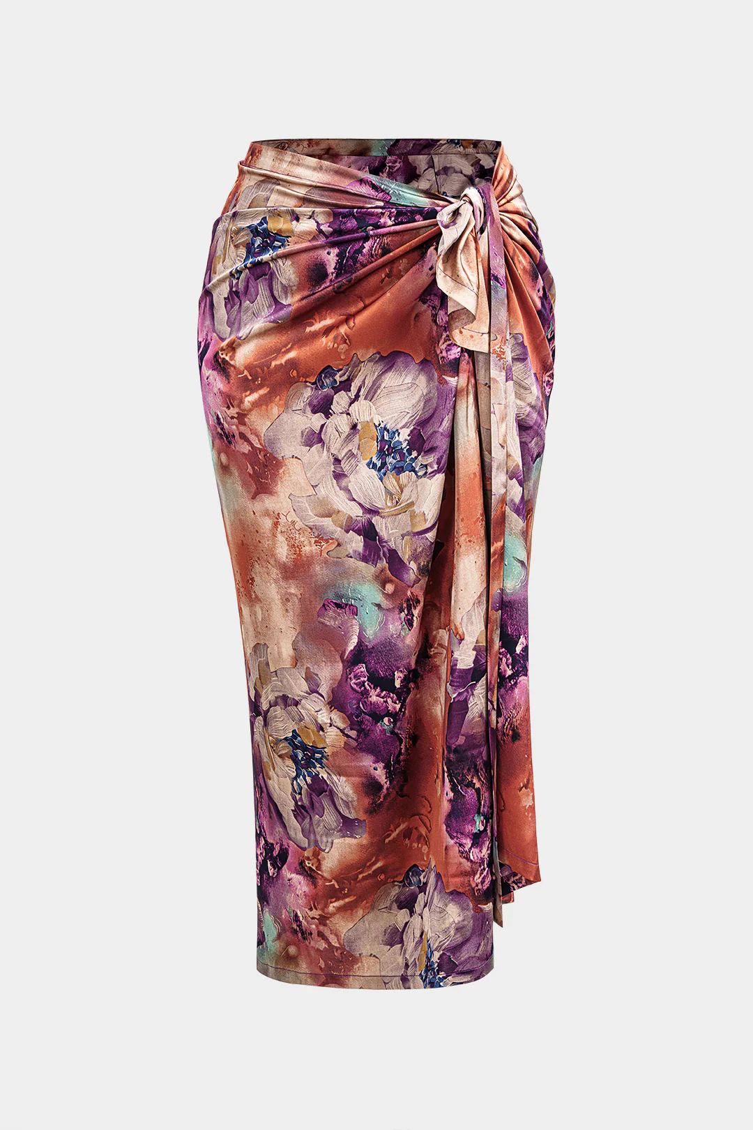 Plus Size Satin Abstract Print Tie Front Skirt - Weenar