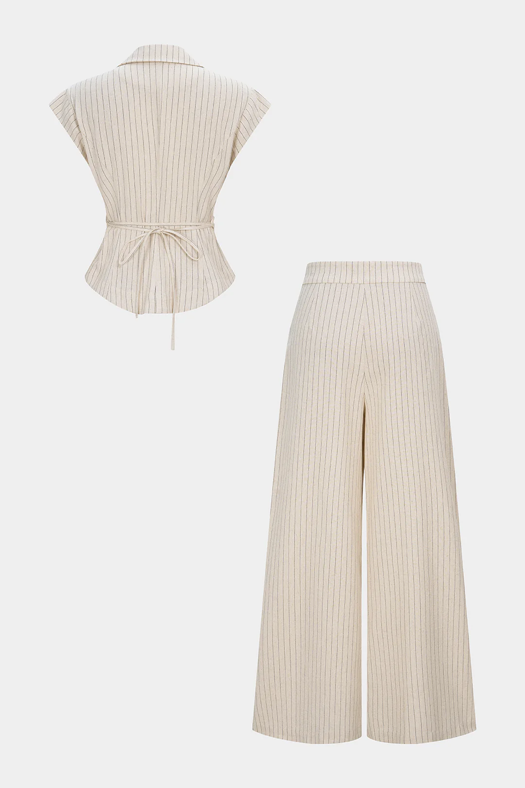Stripes Print Linen Notched Lapel Tie Back Blazer And Wide Leg Pants Set - Weenar