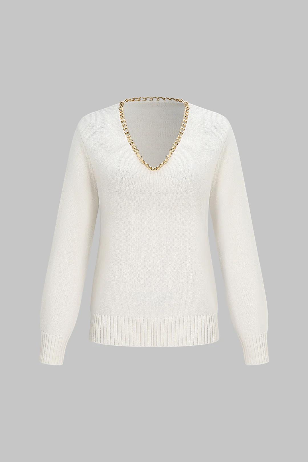 Knit V-Neck Chain Long-Sleeve Top - Weenar