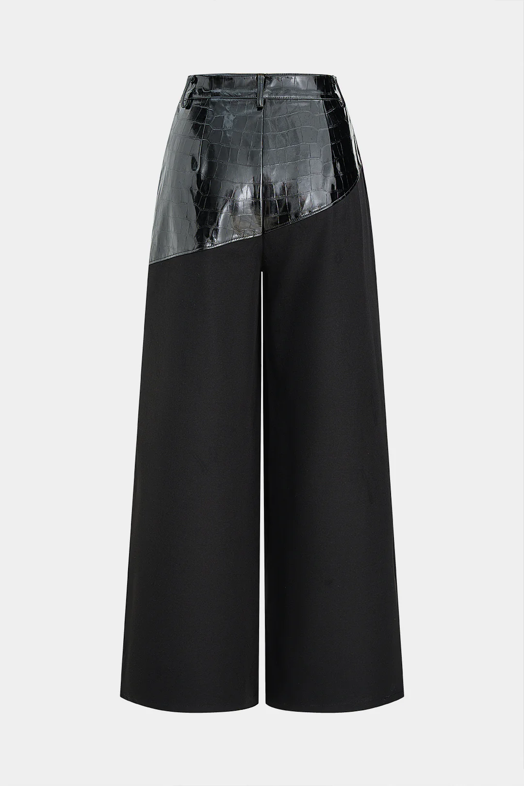 Faux Leather Patchwork Asymmetrical Straight Leg Pants - Weenar