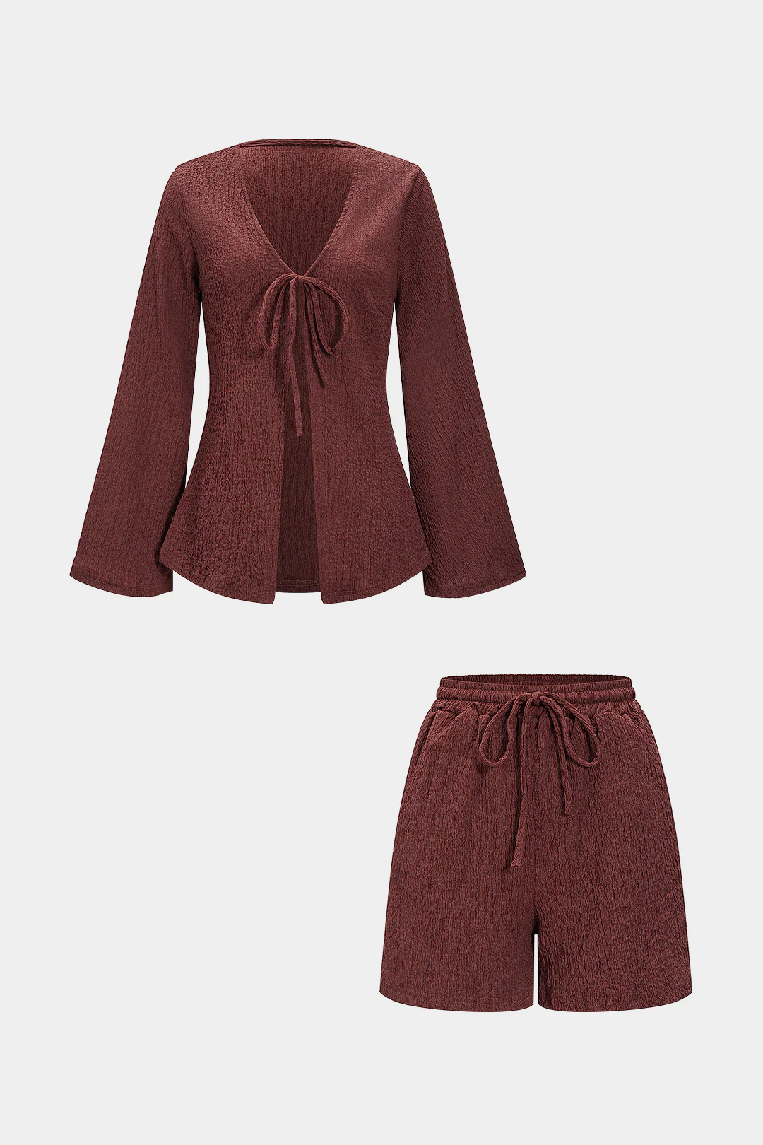 Tie-Up Ribbed Long-Sleeve Top And Shorts Set - Weenar