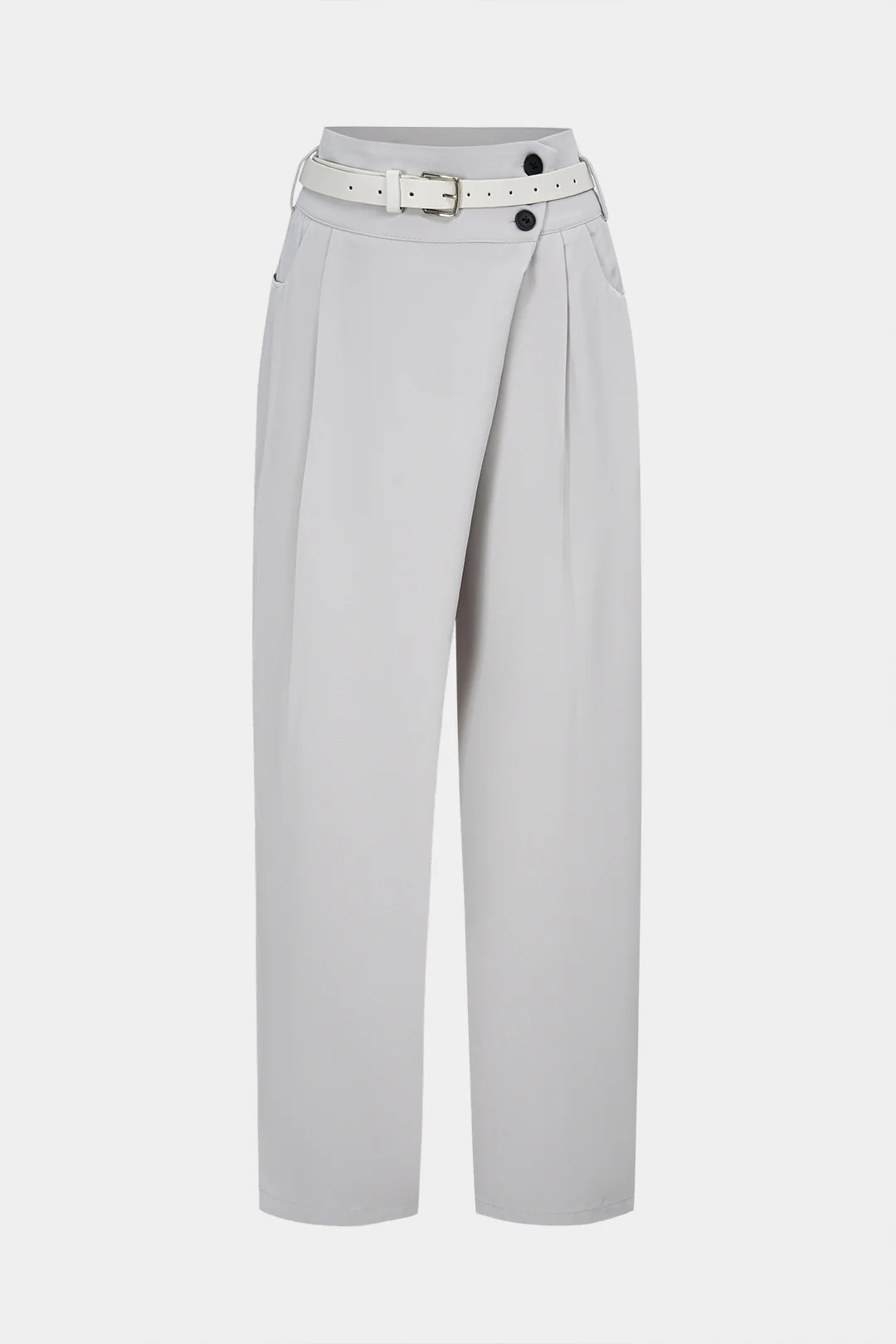 Belted Button Asymmetrical High Waist Pants - Weenar