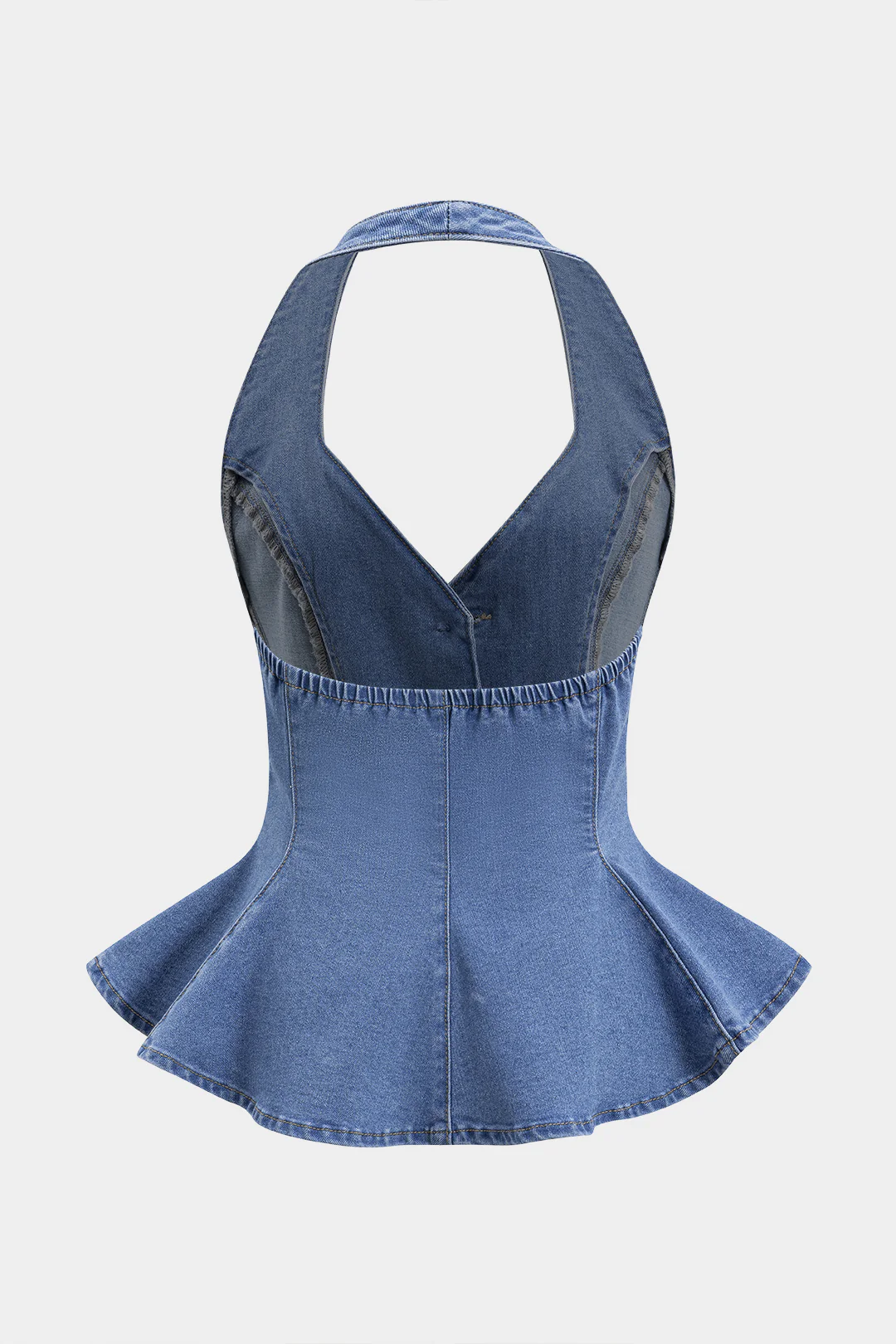 Denim Ruched Button Backless Crop Top - Weenar