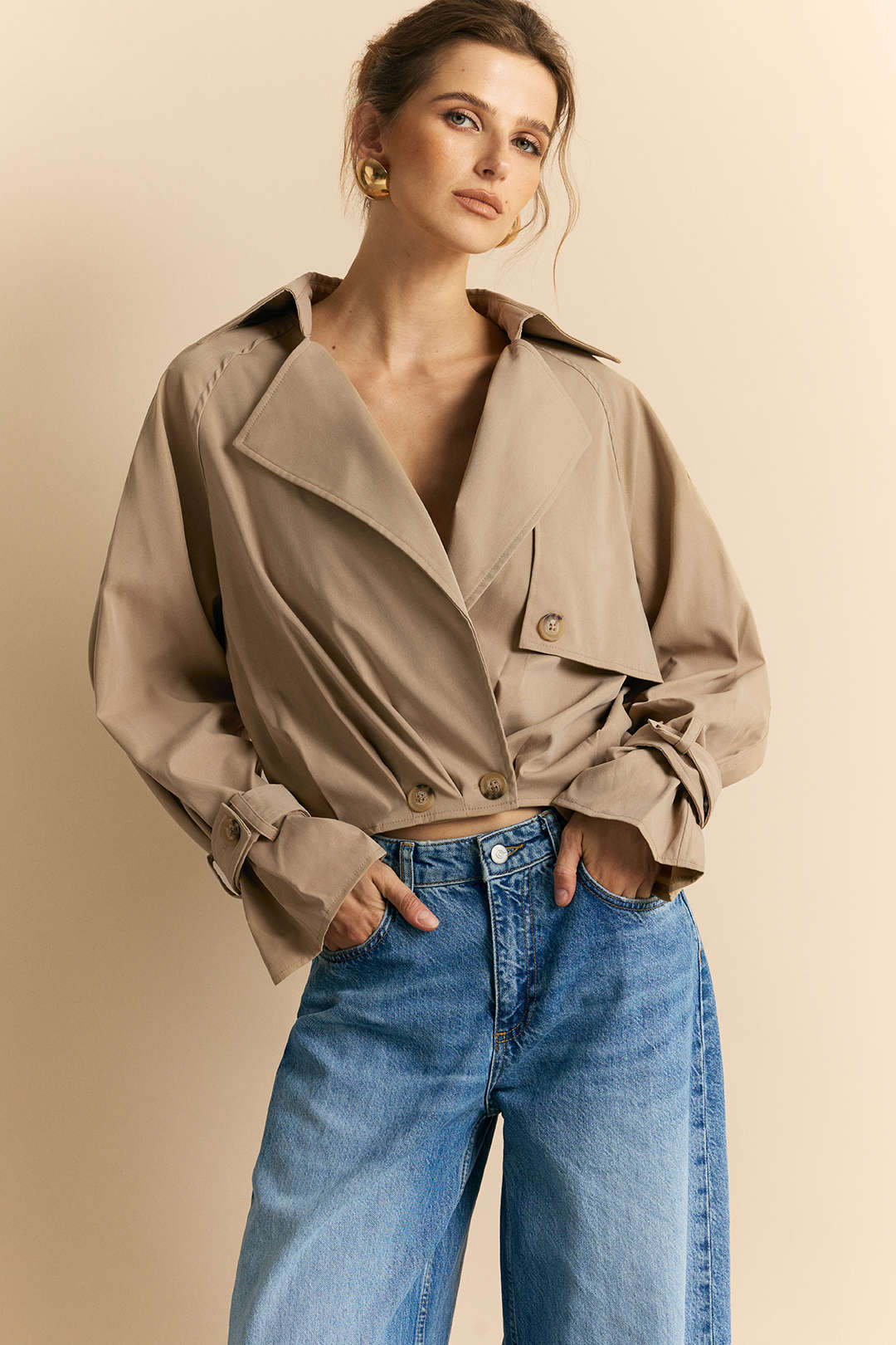 Notched Lapel Button Belts Cropped Jacket - Weenar