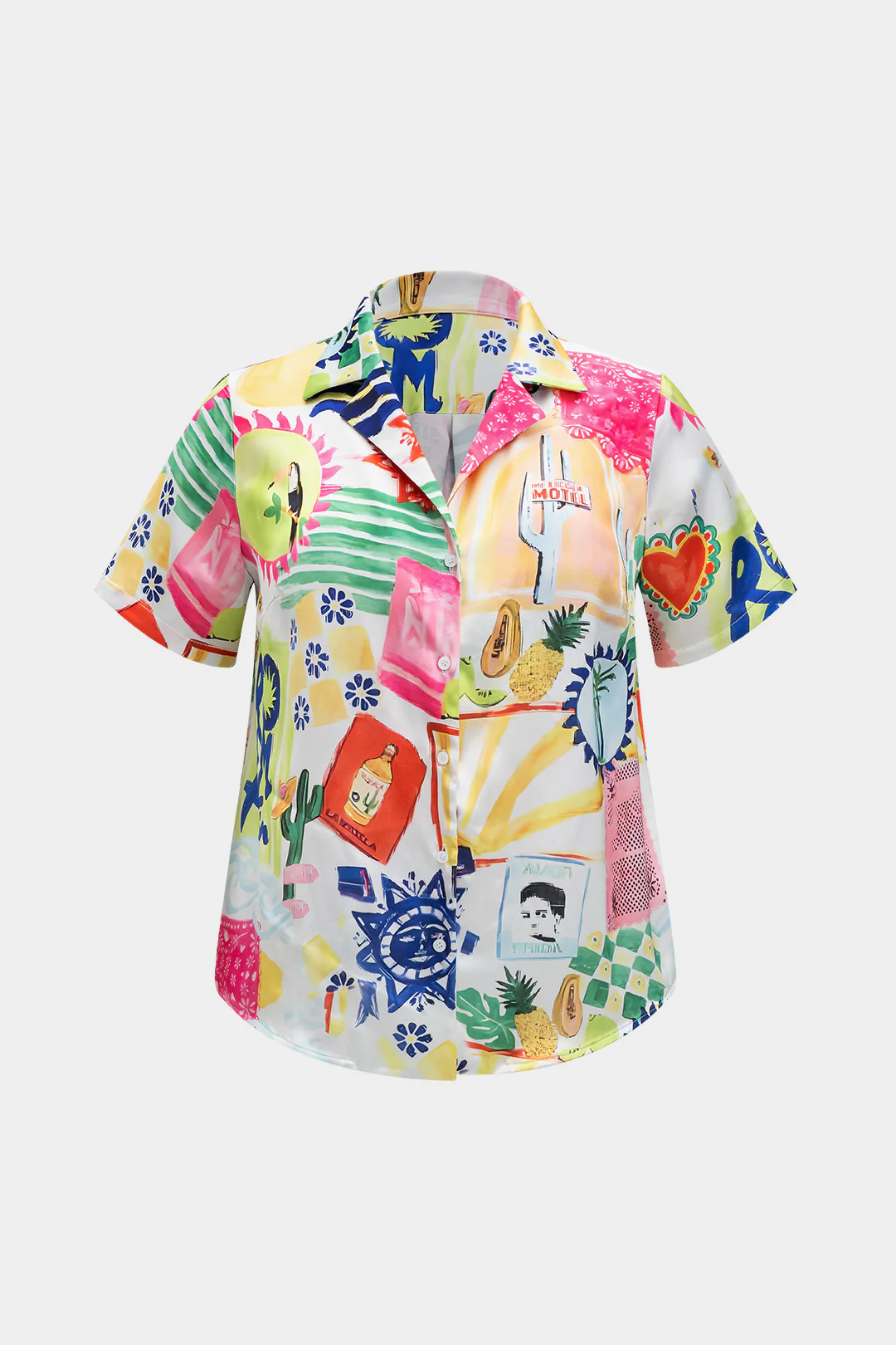 Plus Size Satin Pop Art Pattern V-Neck Short-Sleeve Shirt - Weenar