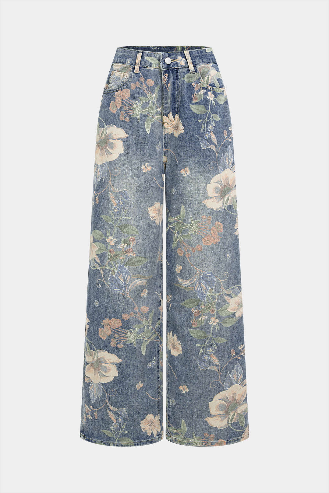 Denim Floral Print High Waist Straight Leg Jeans - Weenar