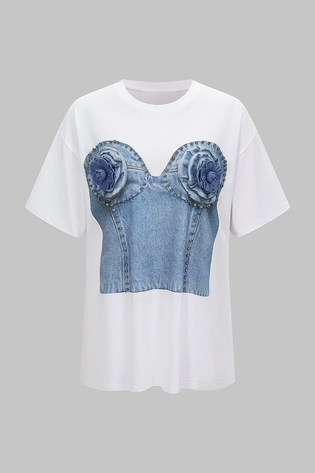 Denim Print 3D Flower Rhinestone Decor Round Neck Short Sleeve T-Shirt - Weenar