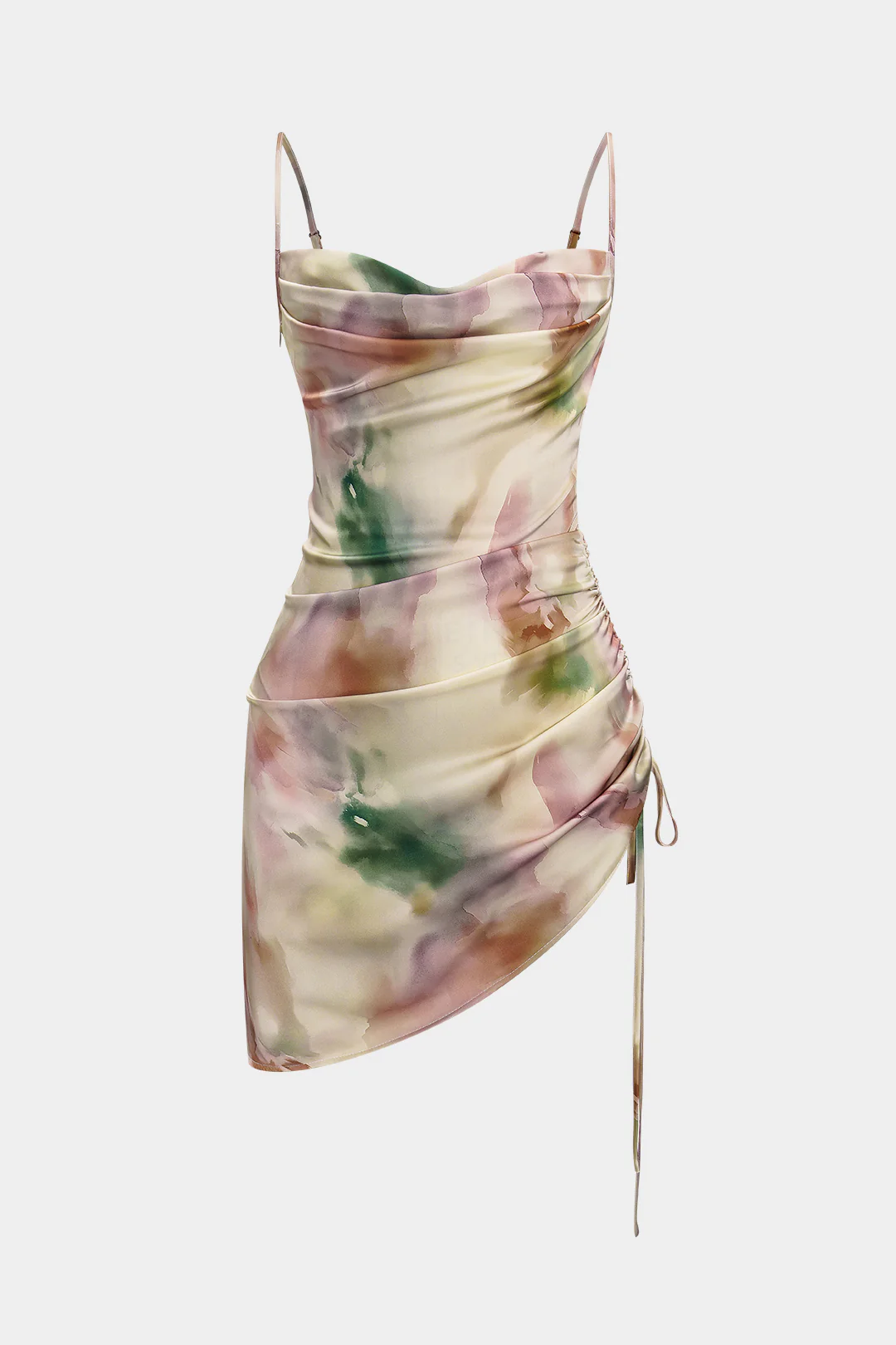 Tie Dye Ruched Drawstring Slip Sleeveless Mini Dress - Weenar