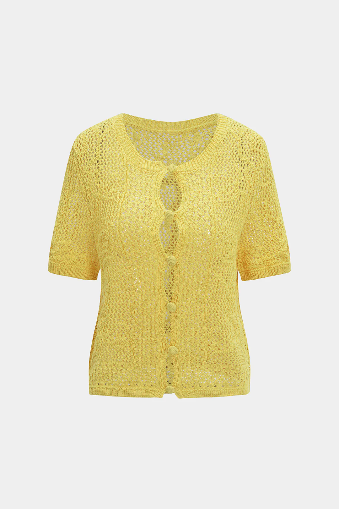 Knit Hollow Out Button Short-Sleeve Top - Weenar