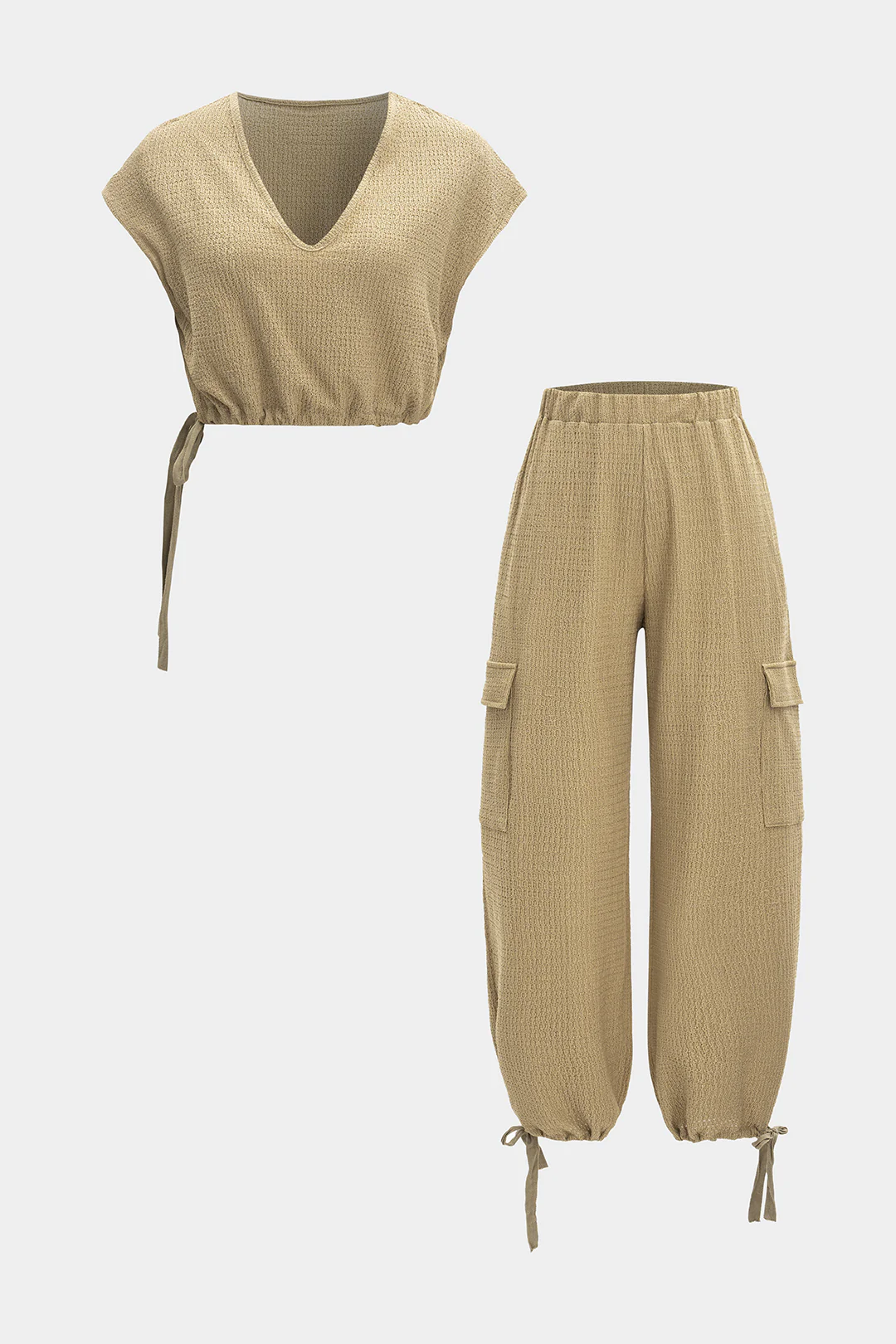 V-Neck Drawstring Tank Top And Pocket Trousers Set - Weenar
