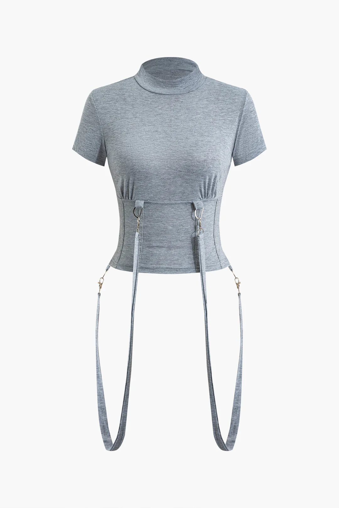 Solid Buckle Mock Neck Short Sleeves Top And Pants Set - Weenar