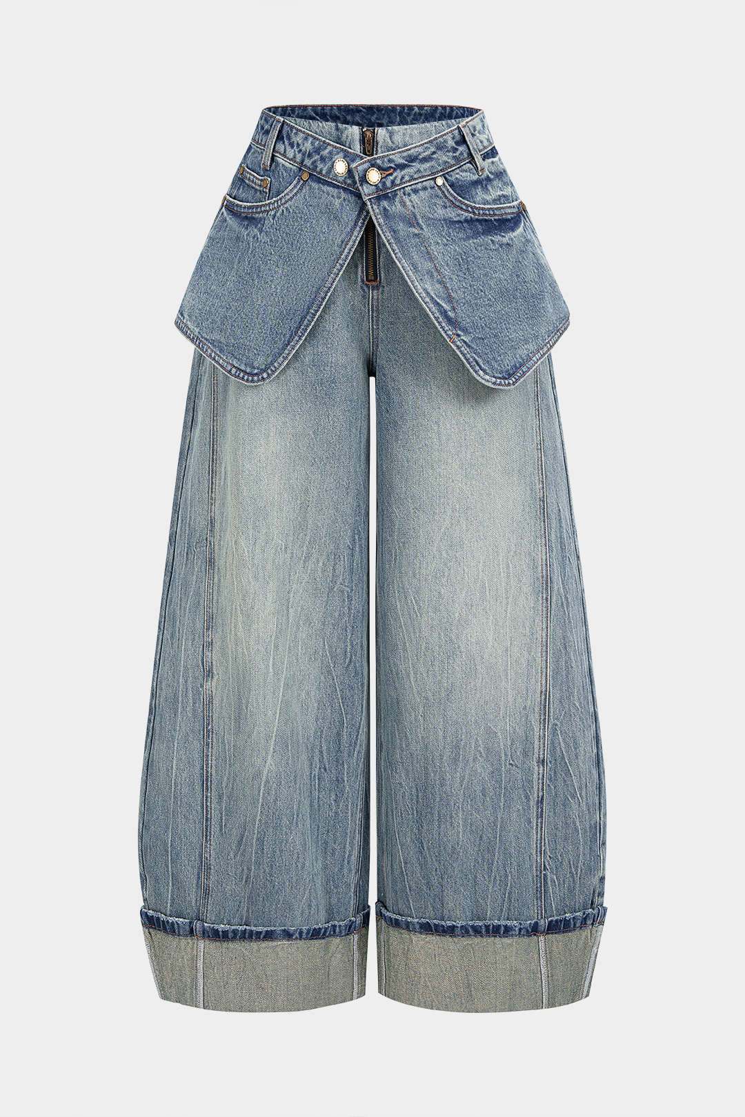 Denim Pocket Cuffed Wide Leg Jeans - Weenar