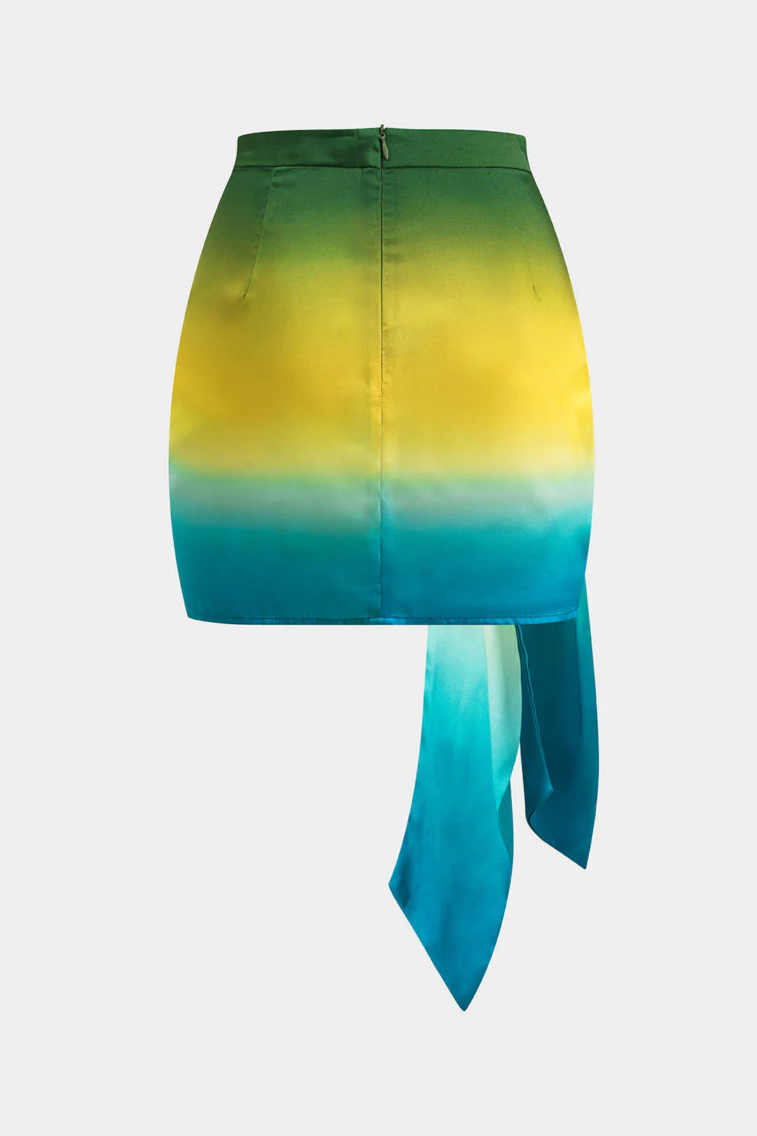 Ombre Print Satin Ruched Tie Front Zipper Skirt - Weenar