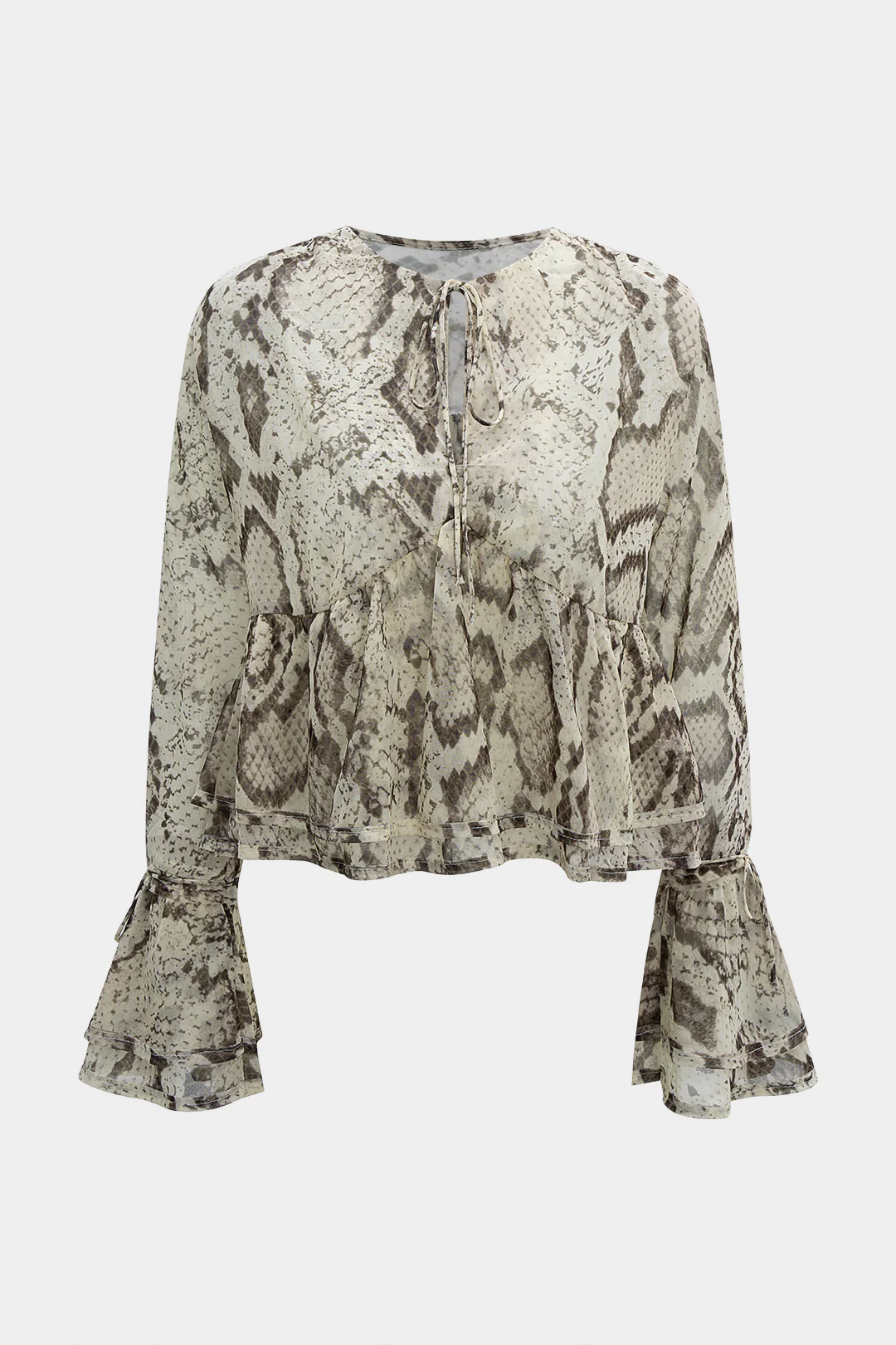 Snake Skin Print Chiffon Ruffle Strappy Long-Sleeve Top - Weenar