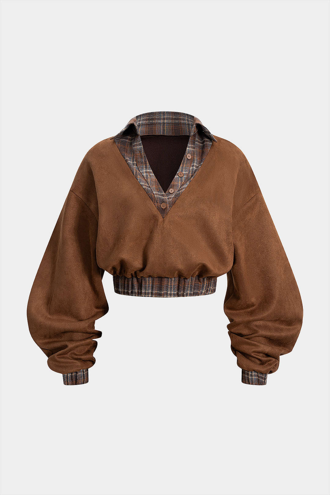 Plaid Print Suede Patchwork Button Shirred Waistband Sweatshirt - Weenar