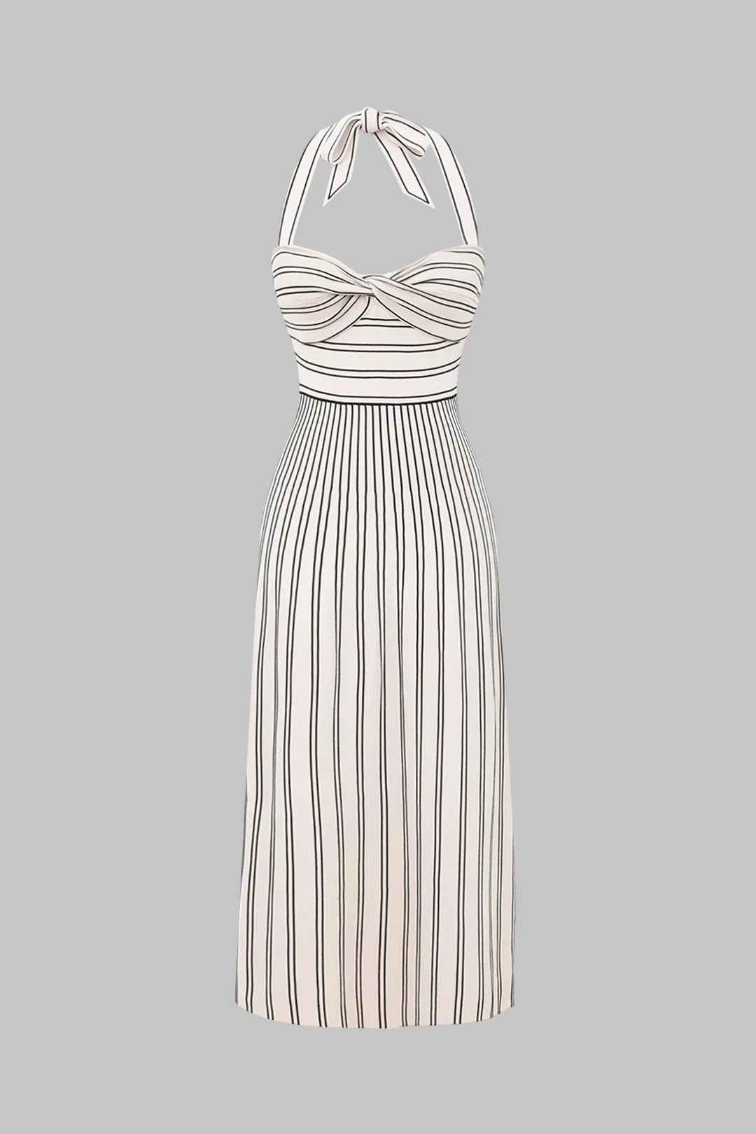 Contrast Stripes Halter Neck Tie Back Twist Knot Sleeveless Midi Dress - Weenar