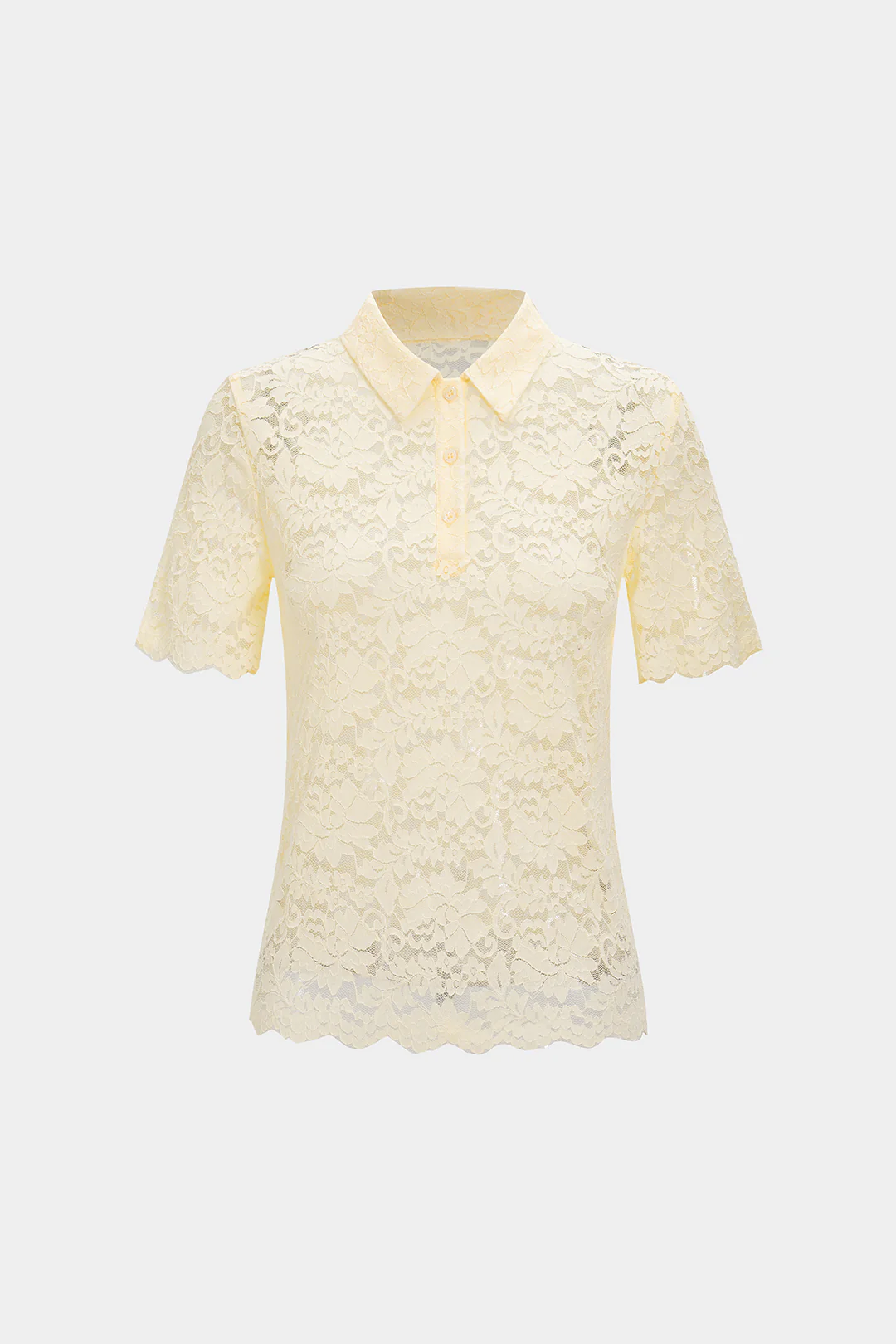 Knit Patchwork Floral Lace Polo Collar Short-Sleeve Top - Weenar