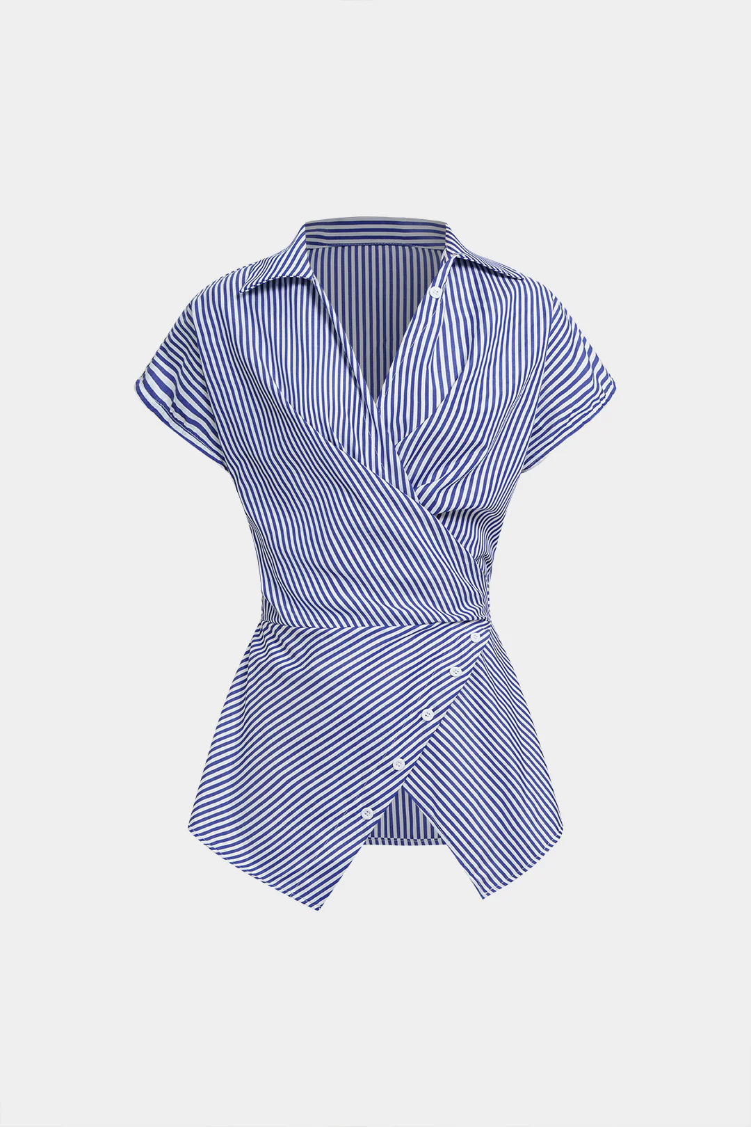 Striped V-Neck Asymmetrical Tie Back Short-Sleeve Shirt - Weenar