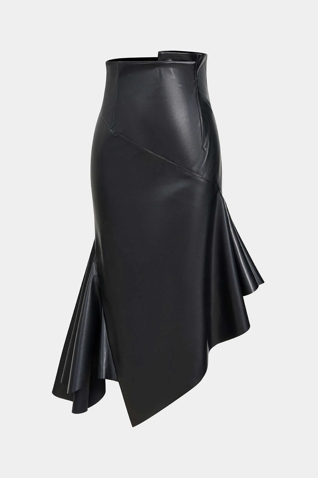 Faux Leather Asymmetrical Hem Ruched Skirt - Weenar