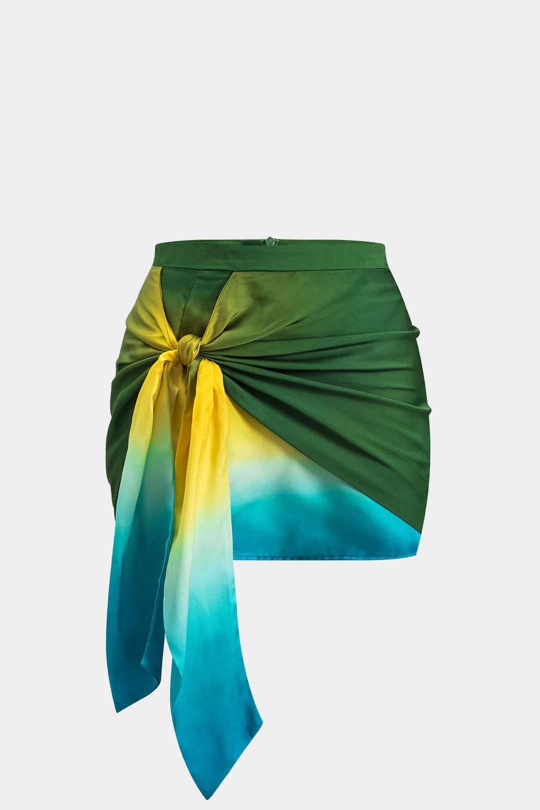 Plus Size Ombre Print Satin Ruched Tie Knot Zipper Skirt - Weenar