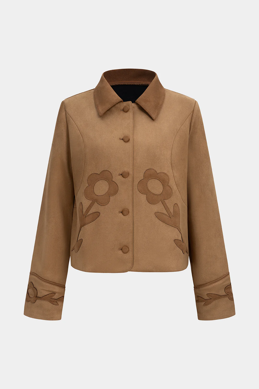 Flower appliques Suede Patchwork Button Jacket - Weenar