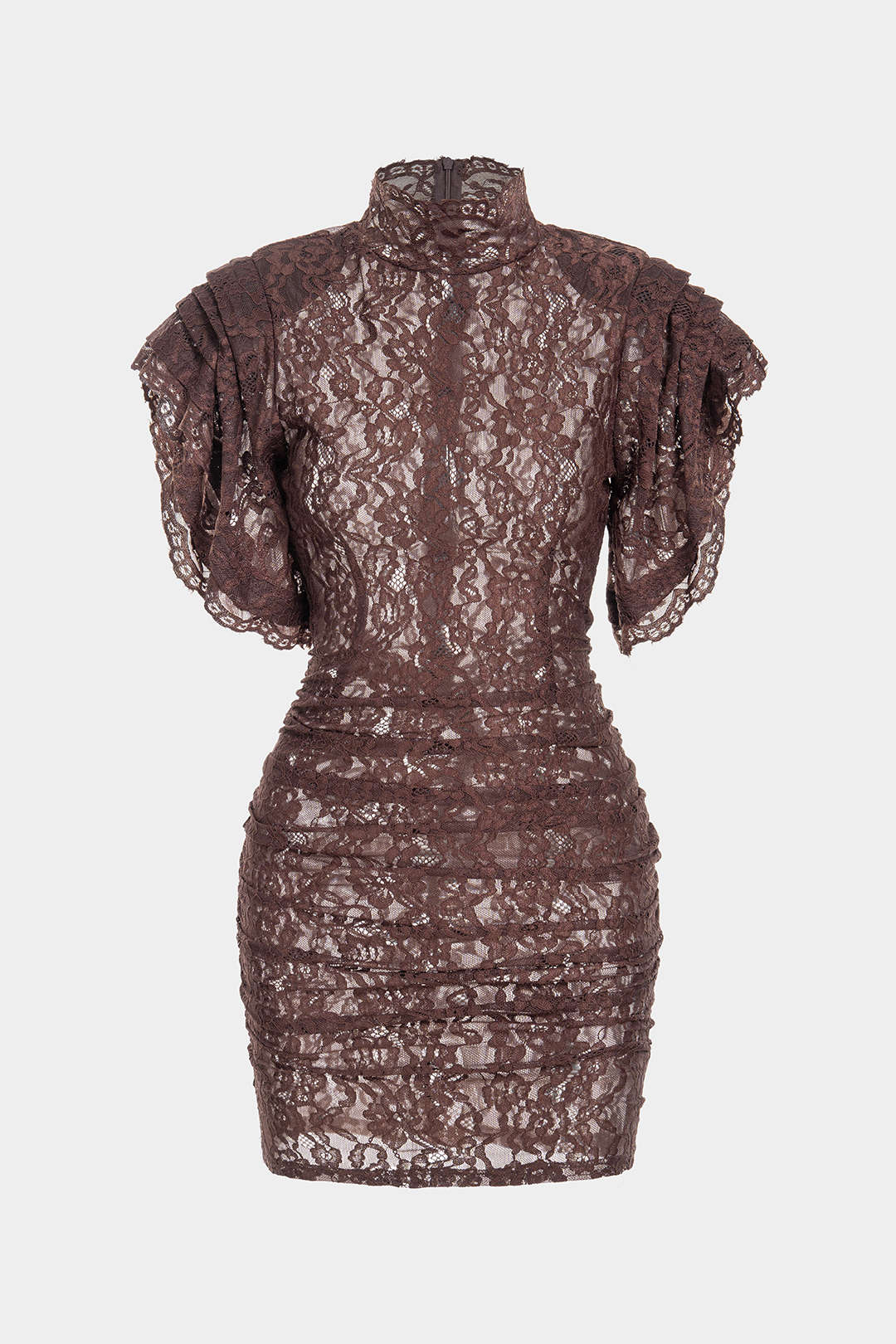 Sheer Lace Mock Neck Ruched Short Sleeve Mini Dress - Weenar