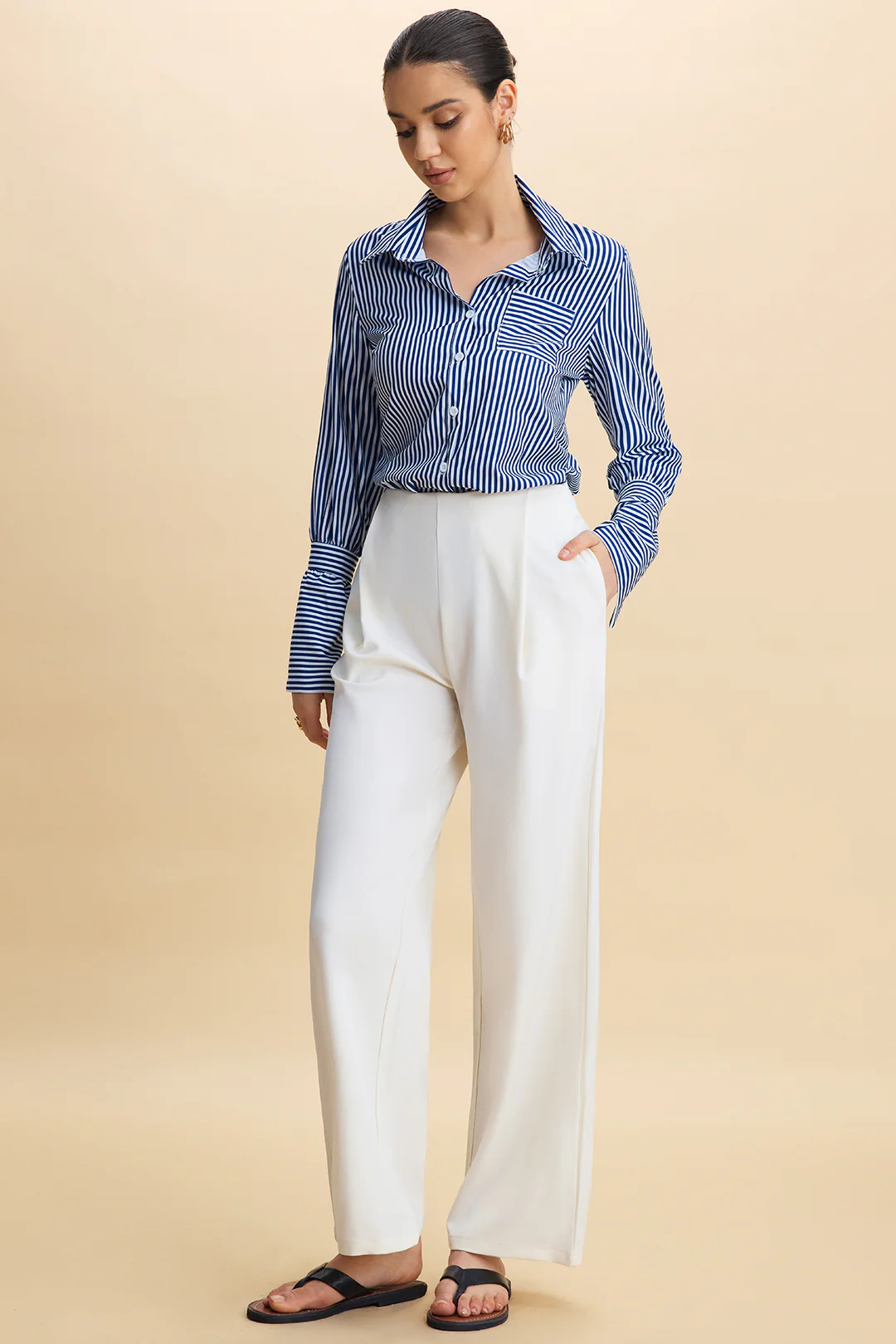 Striped Lapel Button Long Sleeve Shirt - Weenar